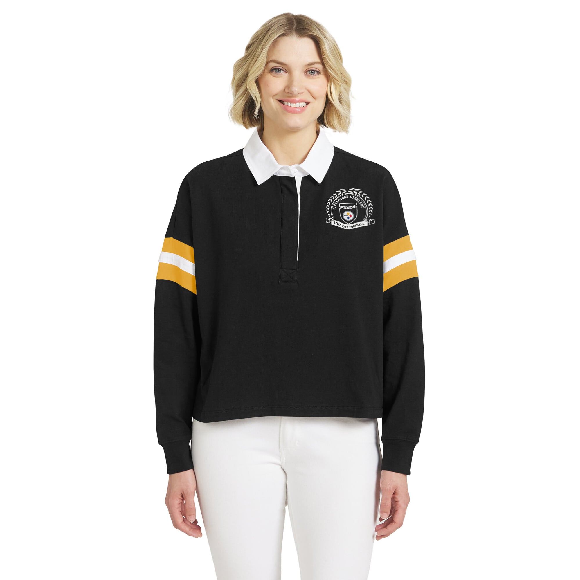 T-shirt à manches longues noir Pittsburgh Steelers Rugby pour femmes de la marque WEAR by Erin Andrews