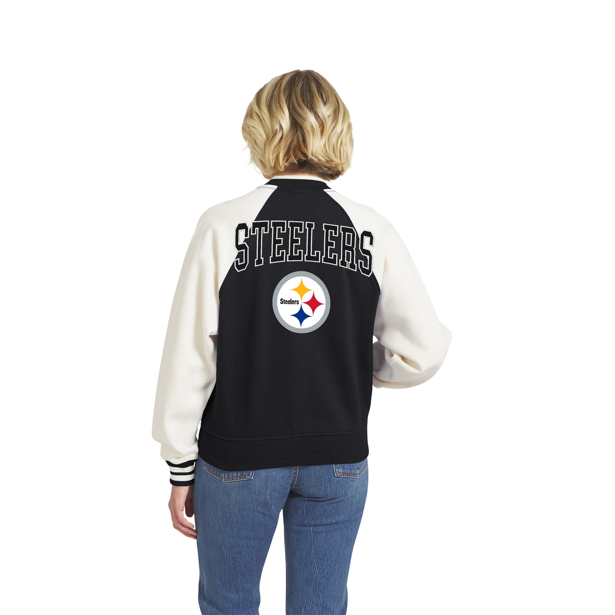 Women's WEAR by Erin Andrews Black Pittsburgh Steelers Throwback Varsity Fleece Raglan Full-Zip Jacket