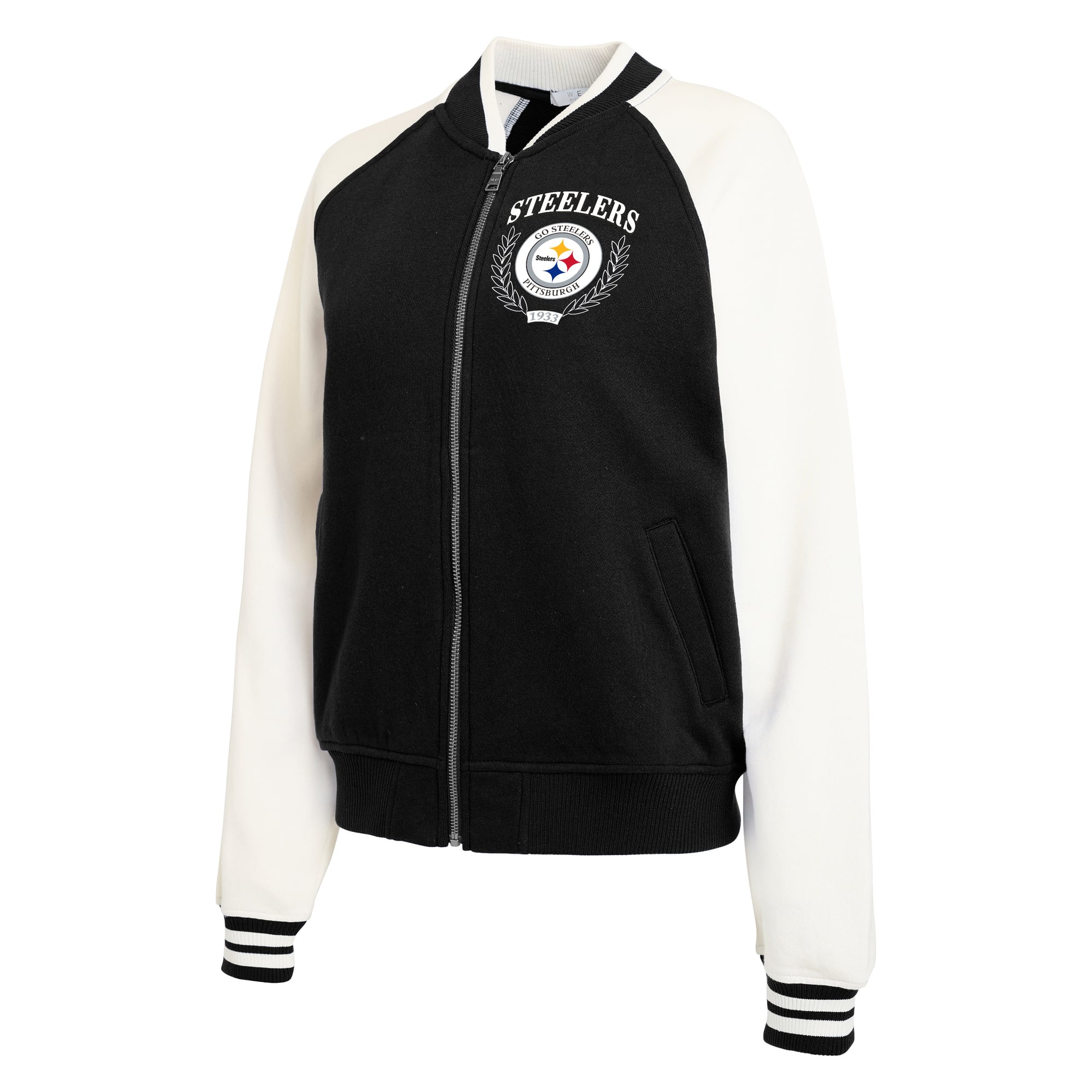 Women's WEAR by Erin Andrews Black Pittsburgh Steelers Throwback Varsity Fleece Raglan Full-Zip Jacket