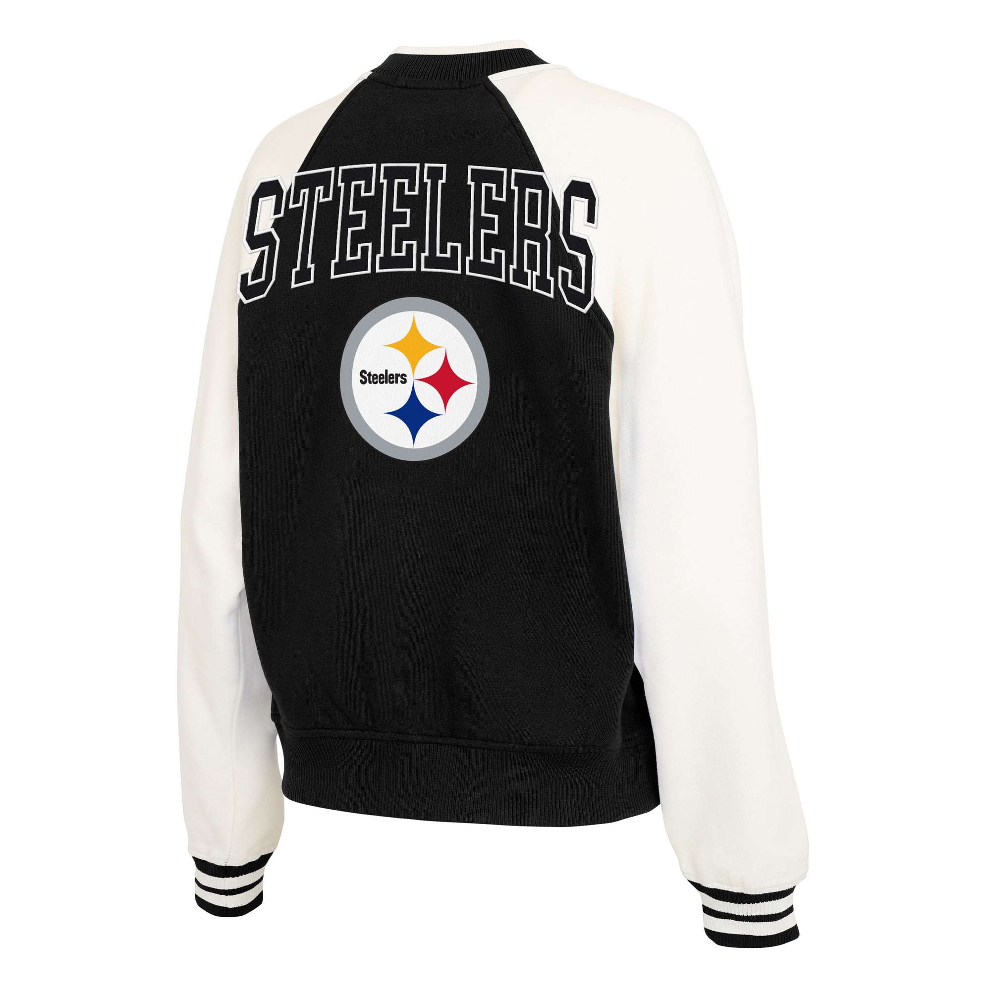 Women's WEAR by Erin Andrews Black Pittsburgh Steelers Throwback Varsity Fleece Raglan Full-Zip Jacket