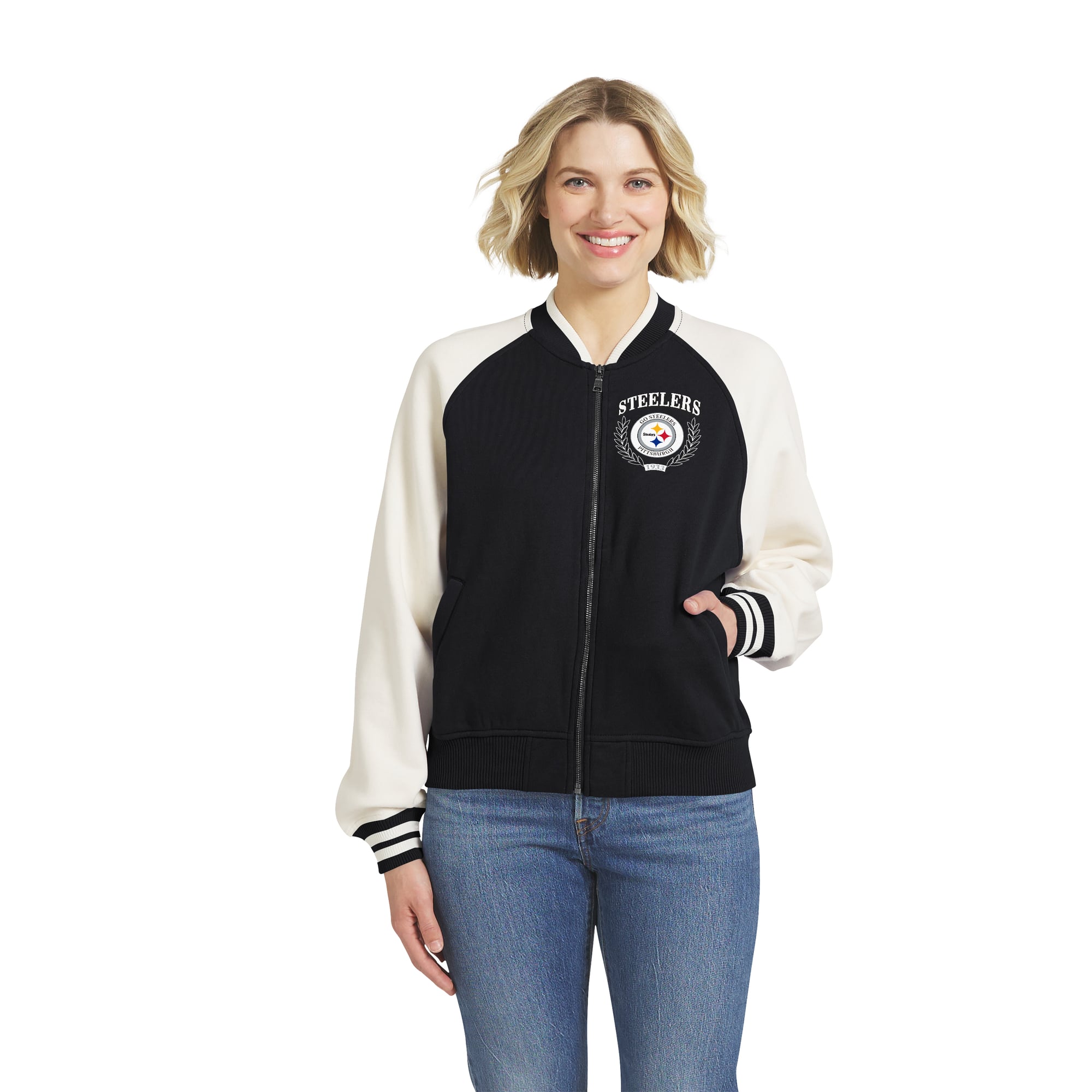 Women's WEAR by Erin Andrews Black Pittsburgh Steelers Throwback Varsity Fleece Raglan Full-Zip Jacket