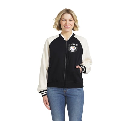 Pittsburgh Steelers WEAR by Erin Andrews Women's Throwback Varsity Fleece Raglan Full-Zip Jacket - Black