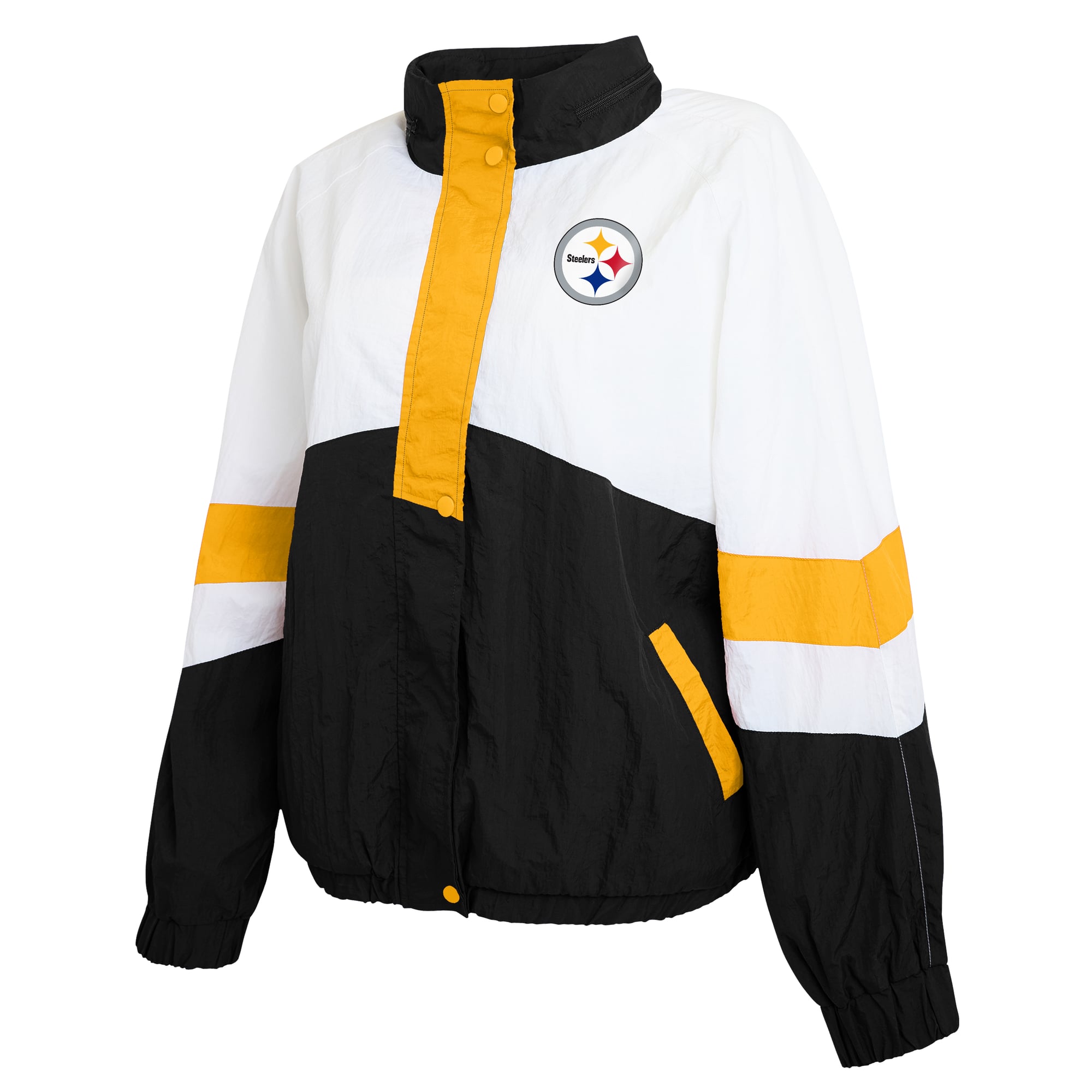 Women's WEAR by Erin Andrews White/Black Pittsburgh Steelers Crinkle Full-Snap Hooded Windbreaker Jacket