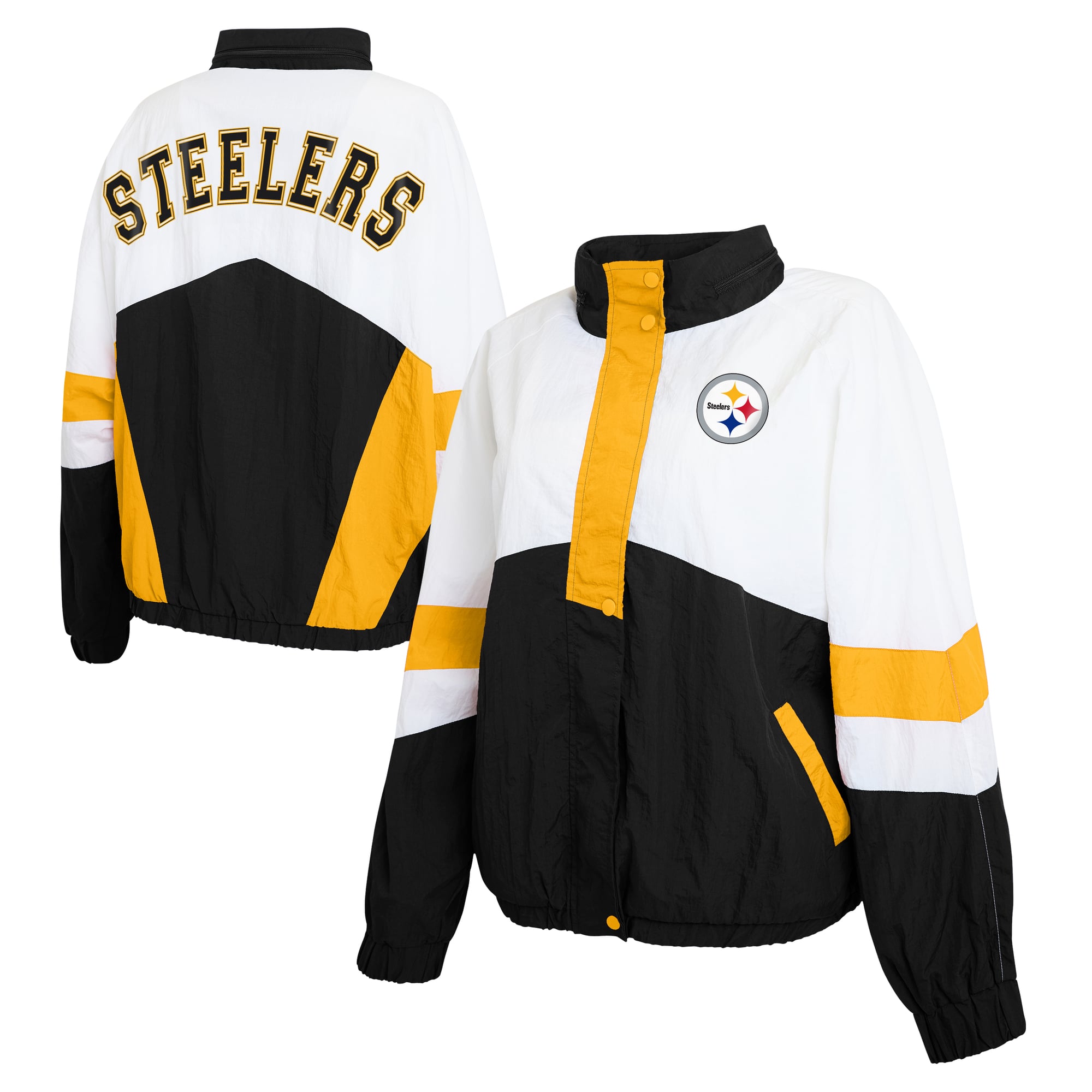 Women's WEAR by Erin Andrews  White/Black Pittsburgh Steelers Crinkle Full-Snap Hooded Windbreaker Jacket