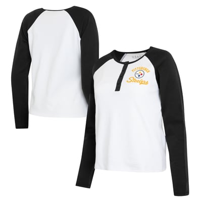  Pittsburgh Steelers WEAR by Erin Andrews Women's Henley Long Sleeve Raglan T-Shirt - White/Black