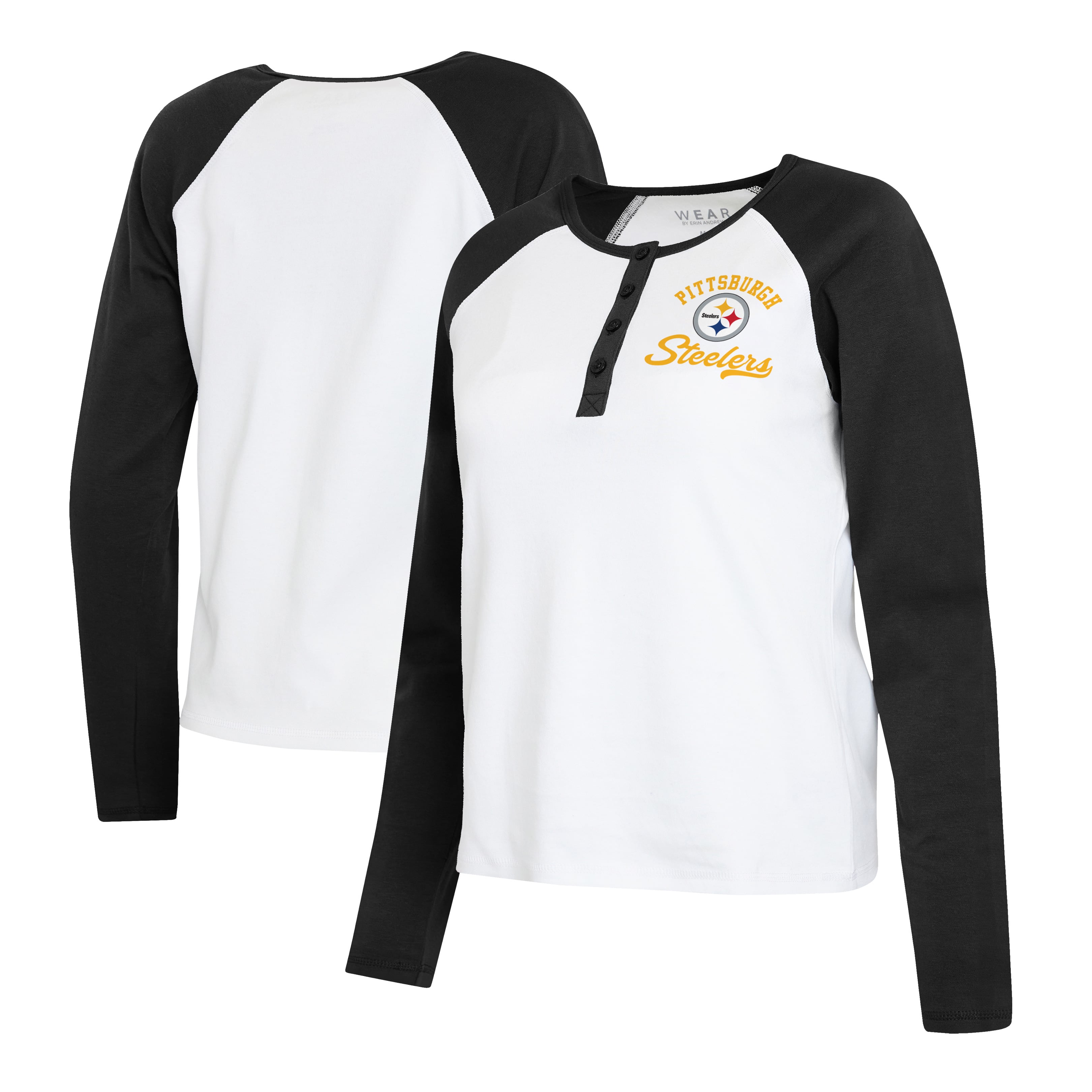 Women's WEAR by Erin Andrews White/Black Pittsburgh Steelers Plus Henley Long Sleeve Raglan T-Shirt
