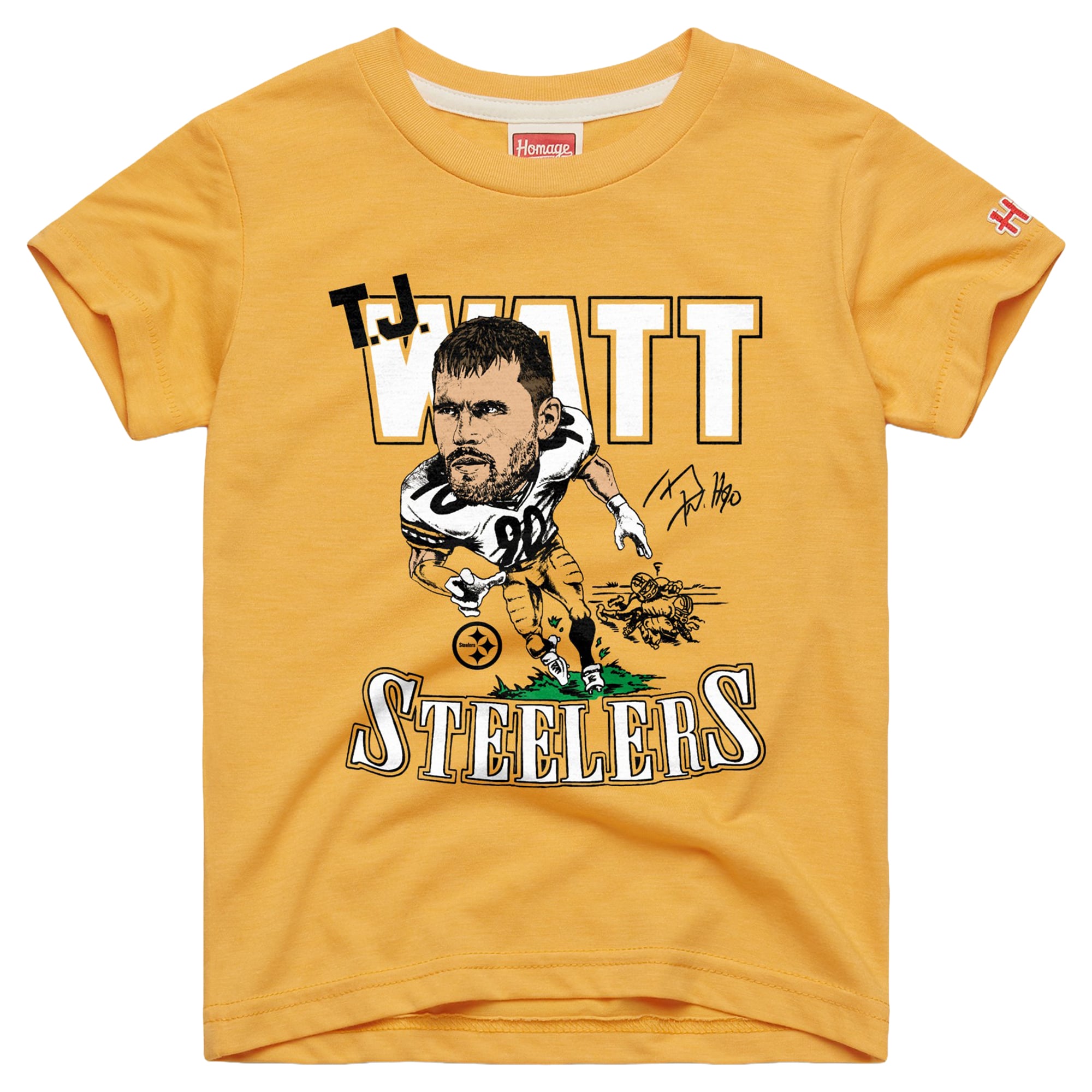 T-shirt hommage à T.J. Watt, caricature dorée des Steelers de Pittsburgh, pour jeunes