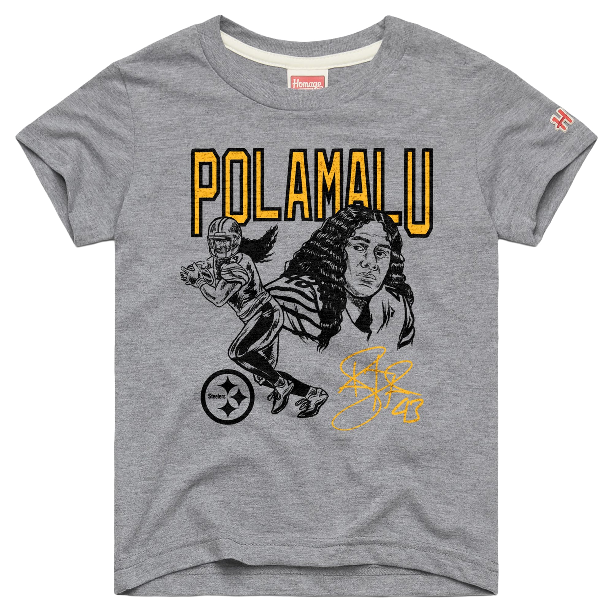 T-shirt gris hommage à Troy Polamalu, des Steelers de Pittsburgh, pour les jeunes joueurs retraités