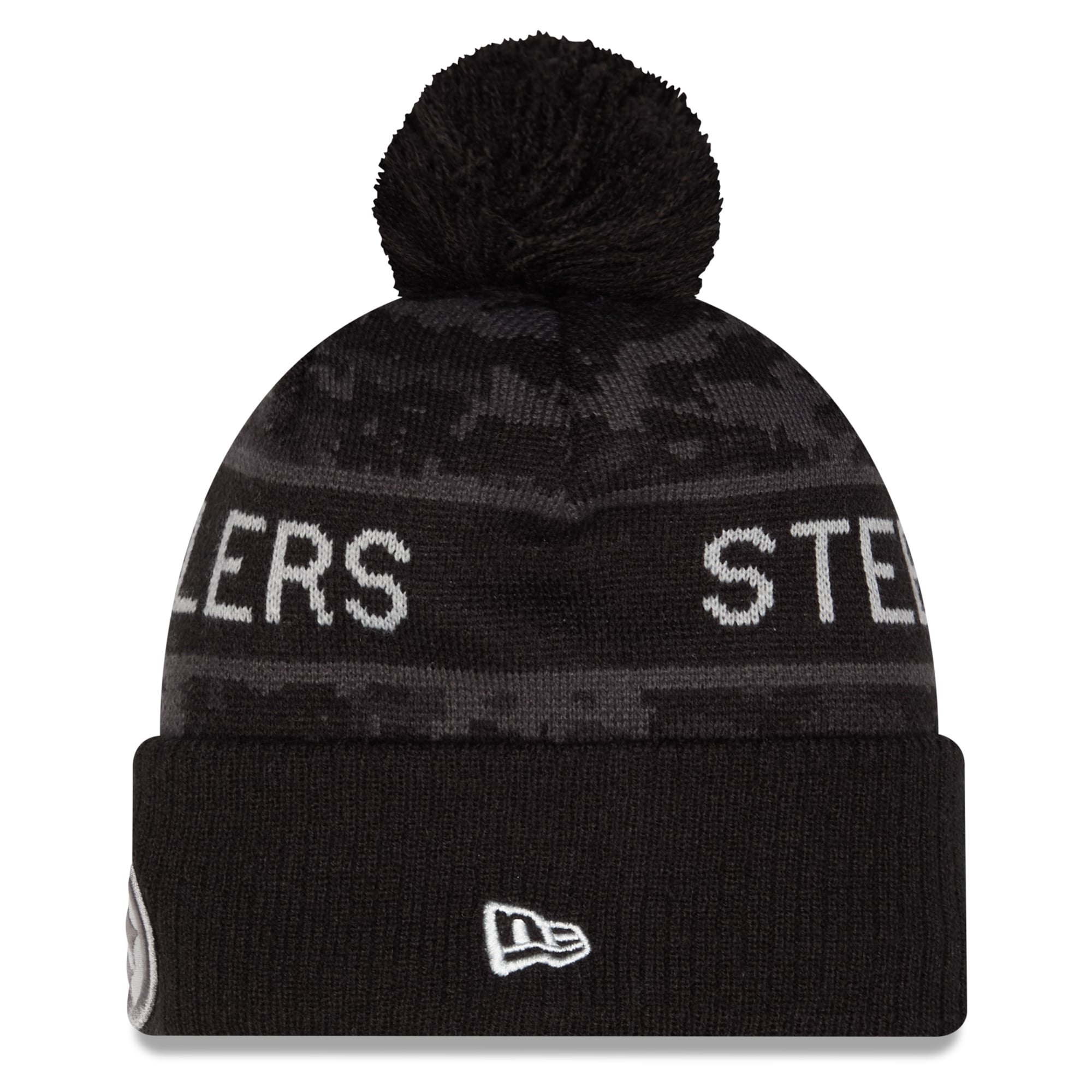 Bonnet à revers New Era noir Pittsburgh Steelers 2026 Salute To Service pour enfant avec pompon