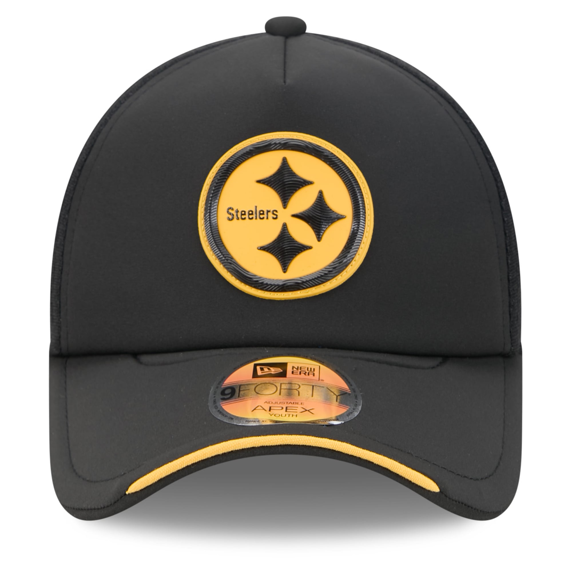 Youth New Era Black Pittsburgh Steelers 2026 Sideline Apex 9FORTY Adjustable Trucker Hat