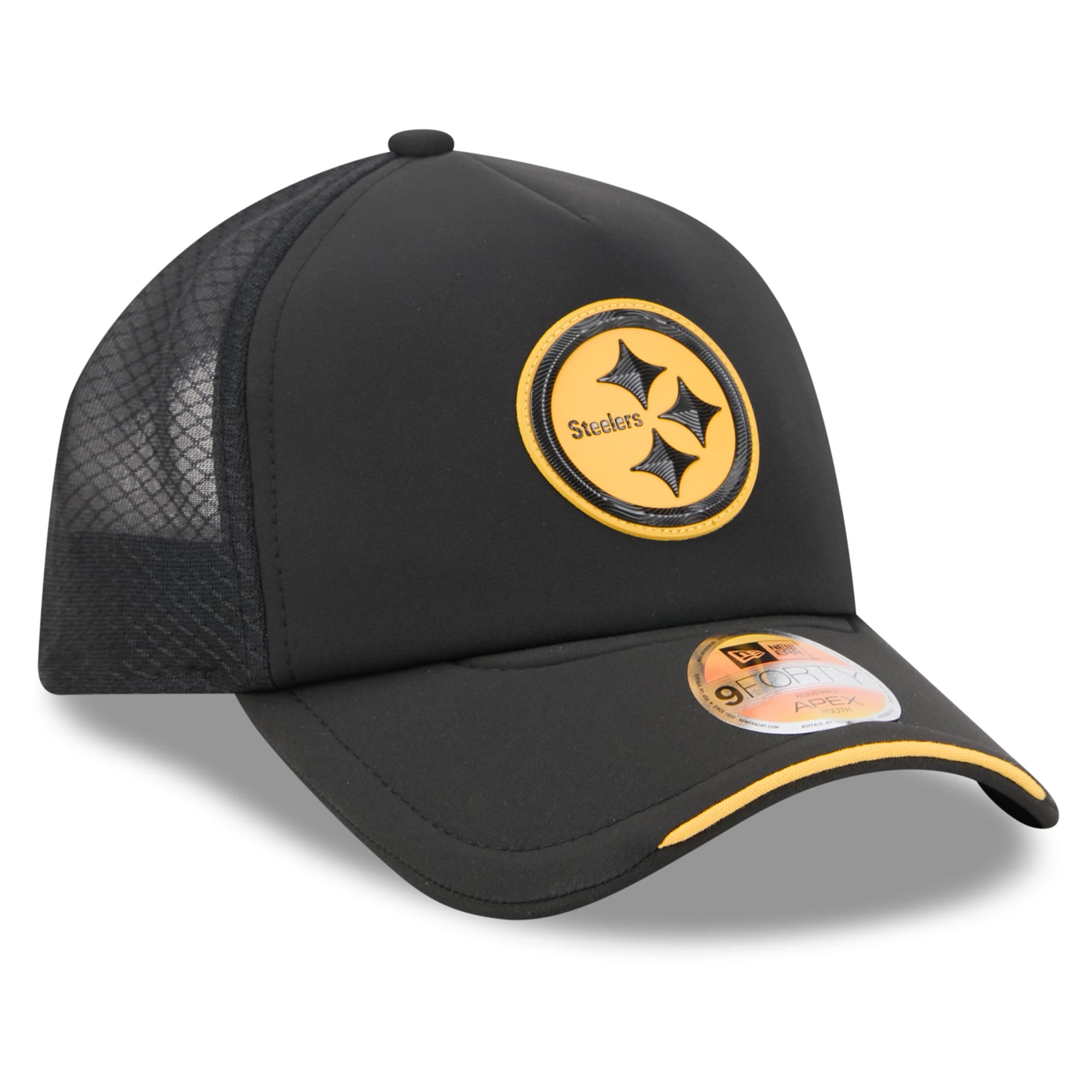 Youth New Era Black Pittsburgh Steelers 2026 Sideline Apex 9FORTY Adjustable Trucker Hat