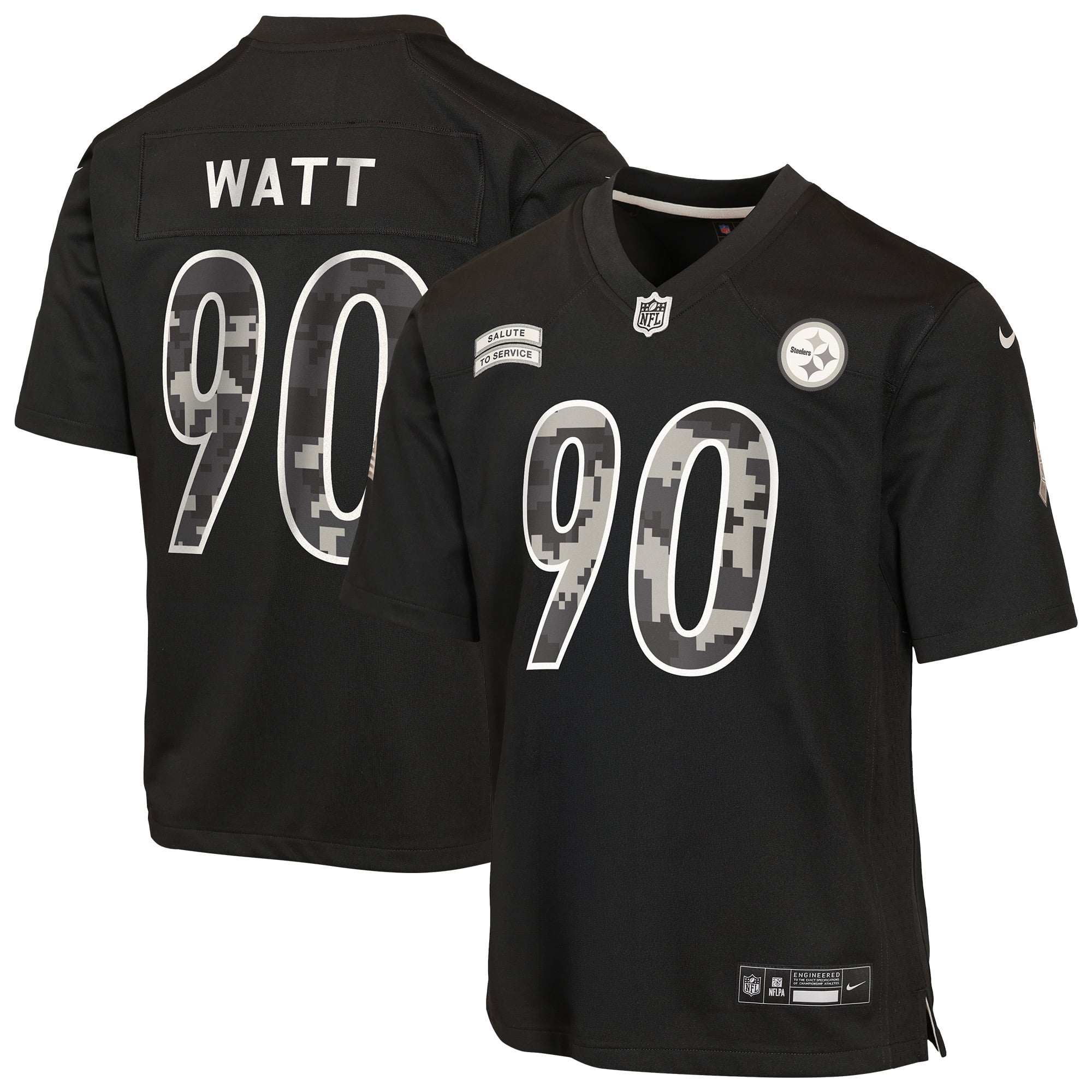 Maillot Nike T.J. Watt noir Pittsburgh Steelers 2026 Salute to Service pour jeunes