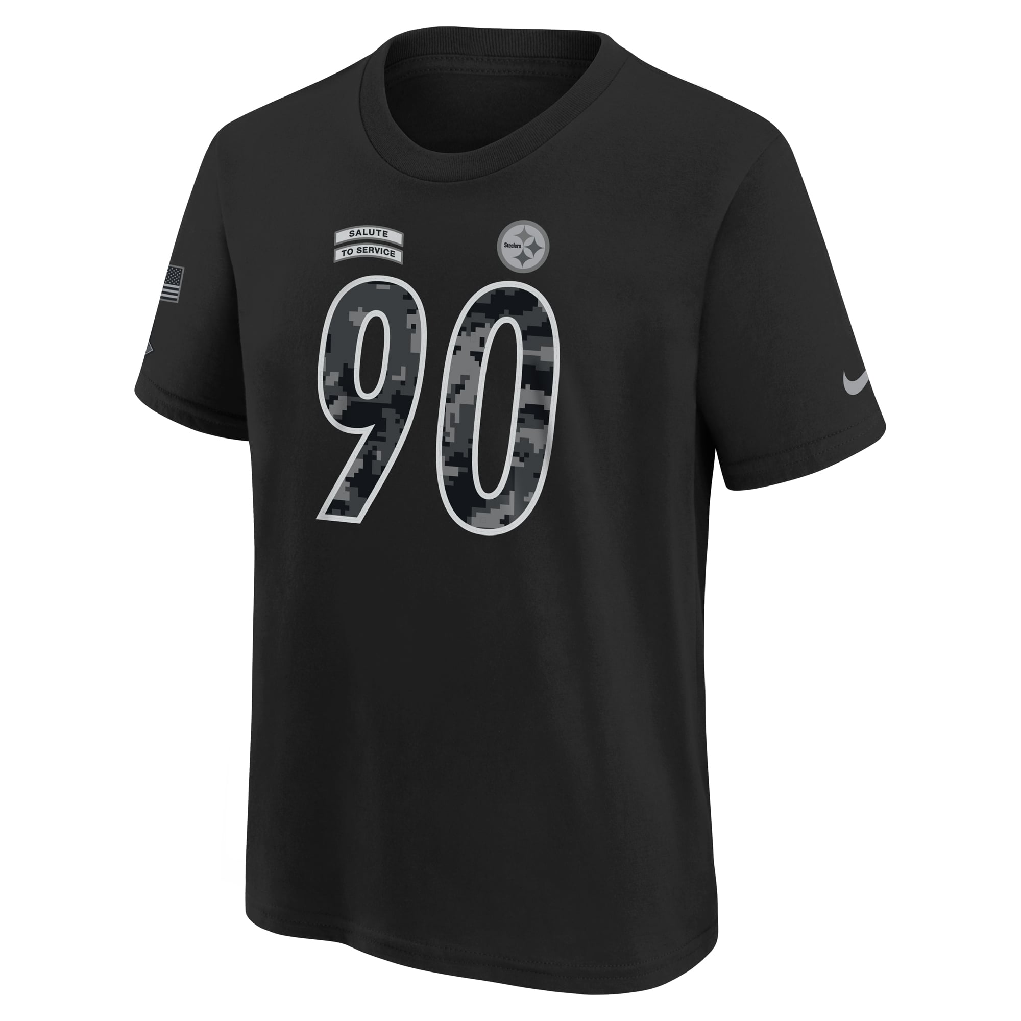 T-shirt Nike T.J. Watt noir Pittsburgh Steelers 2026 Salute to Service pour jeunes, avec nom et numéro