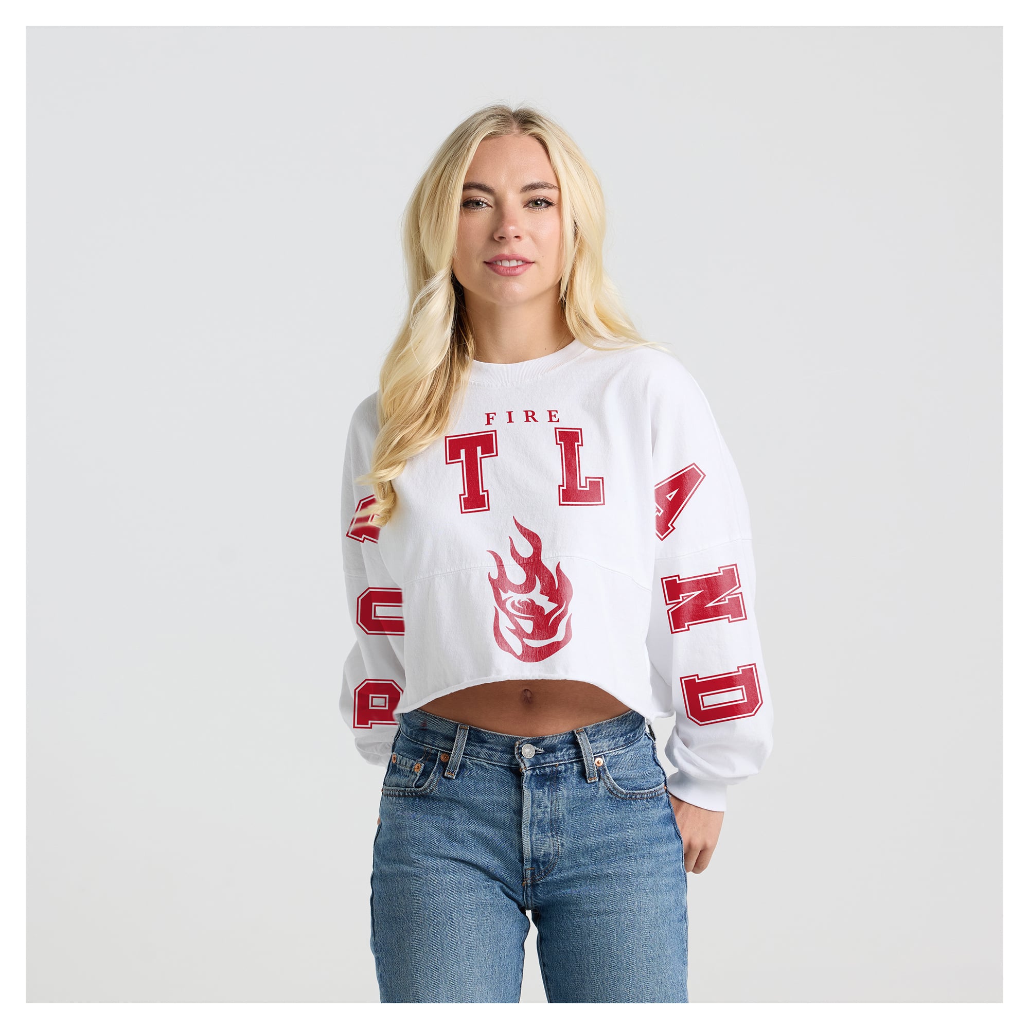 Women's Fanatics White Portland Fire Spirit Jersey Cropped Crew Neck Sweatshirt