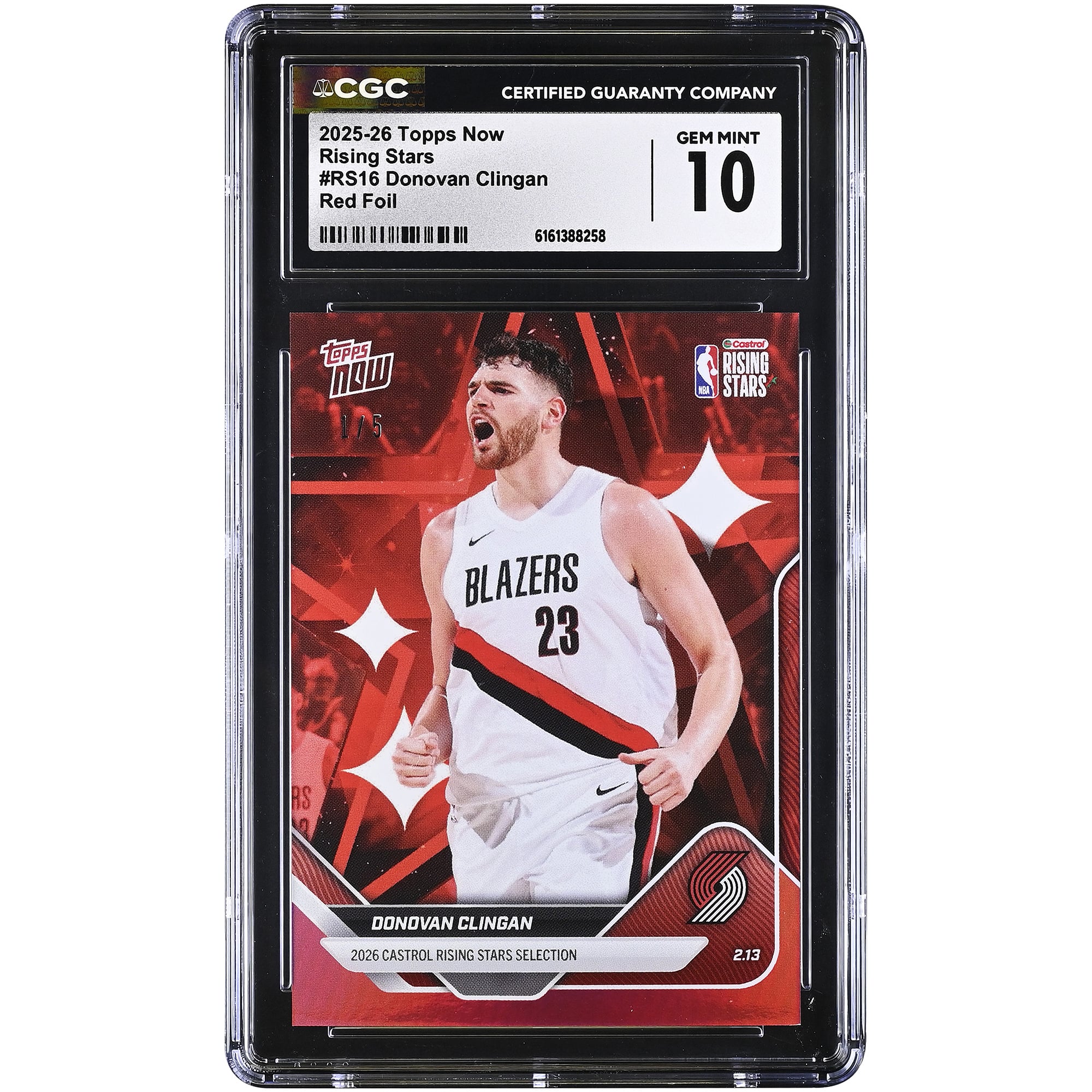 Donovan Clingan Portland Trail Blazers 2025-26 Topps Now Rising Stars Red Foil #RS16 #1/5 CGC Authenticated 10 Card