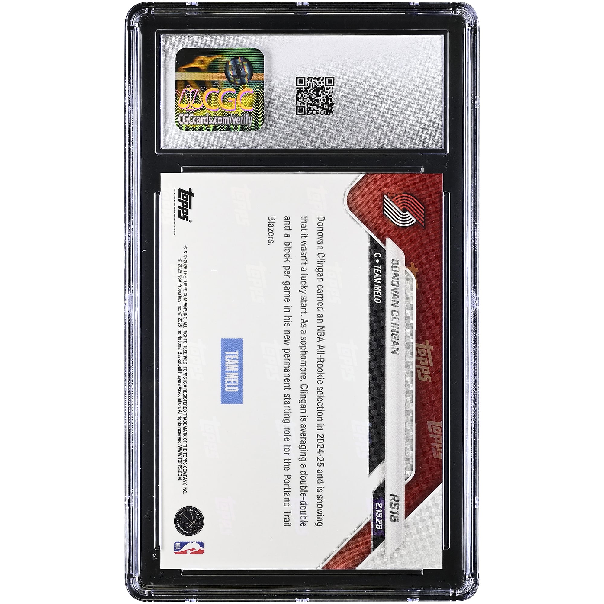 Donovan Clingan Portland Trail Blazers 2025-26 Topps Now Rising Stars Red Foil #RS16 #1/5 CGC Authenticated 10 Card
