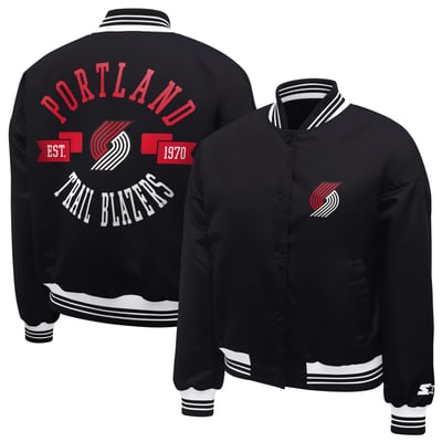  Portland Trail Blazers Starter Women's Printed Logo Cropped Satin Varsity Full-Snap Jacket - Black