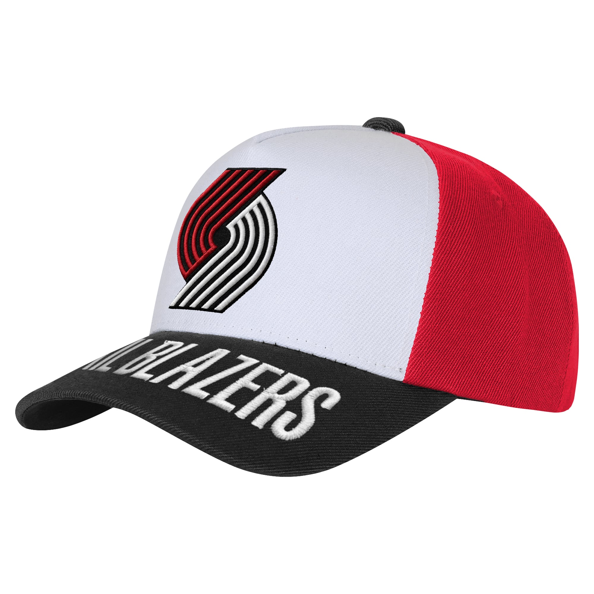 Casquette Youth Outerstuff blanche et noire avec logo des Portland Trail Blazers, modèle Three Pro Pinch pré-courbé et ajustable