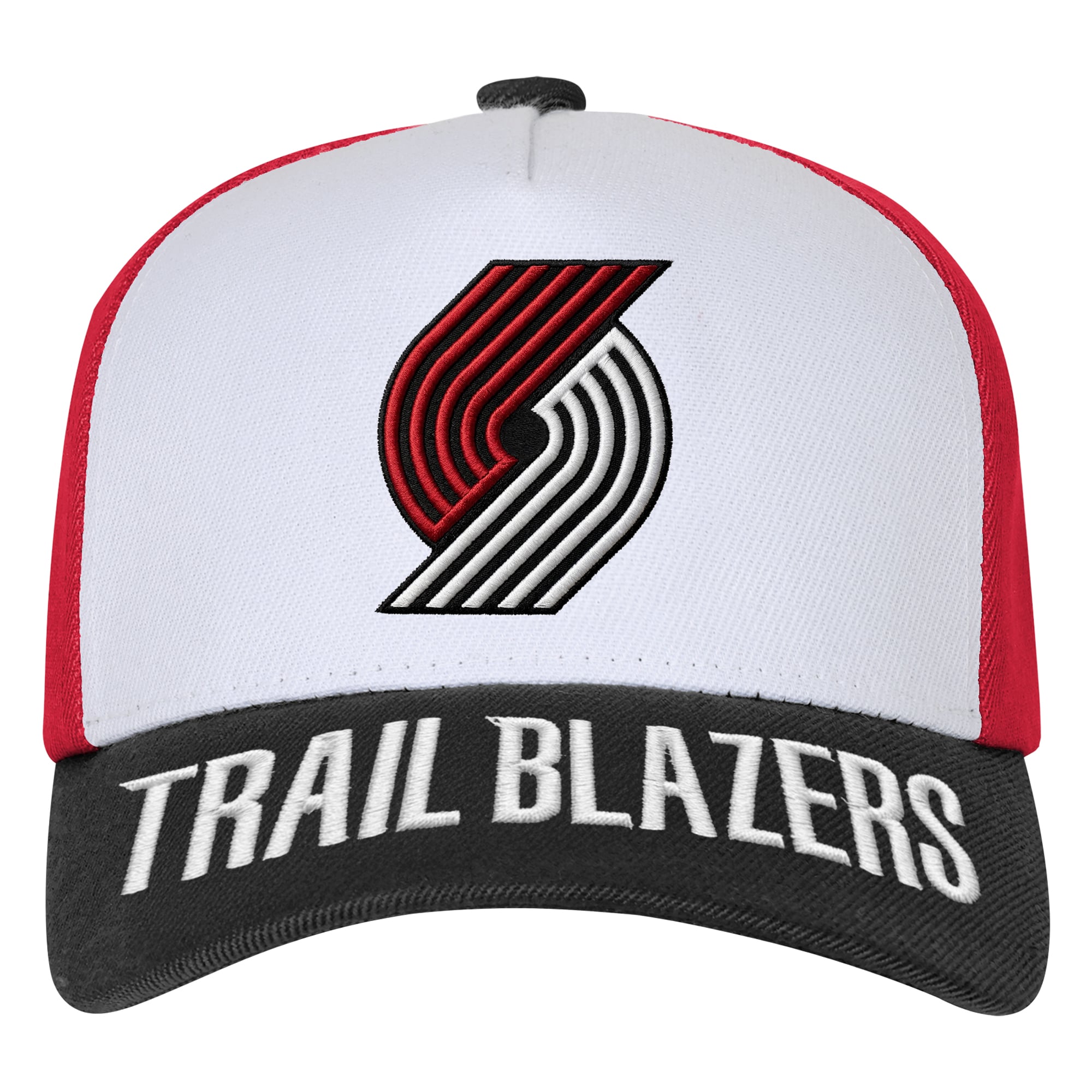 Casquette Youth Outerstuff blanche et noire avec logo des Portland Trail Blazers, modèle Three Pro Pinch pré-courbé et ajustable