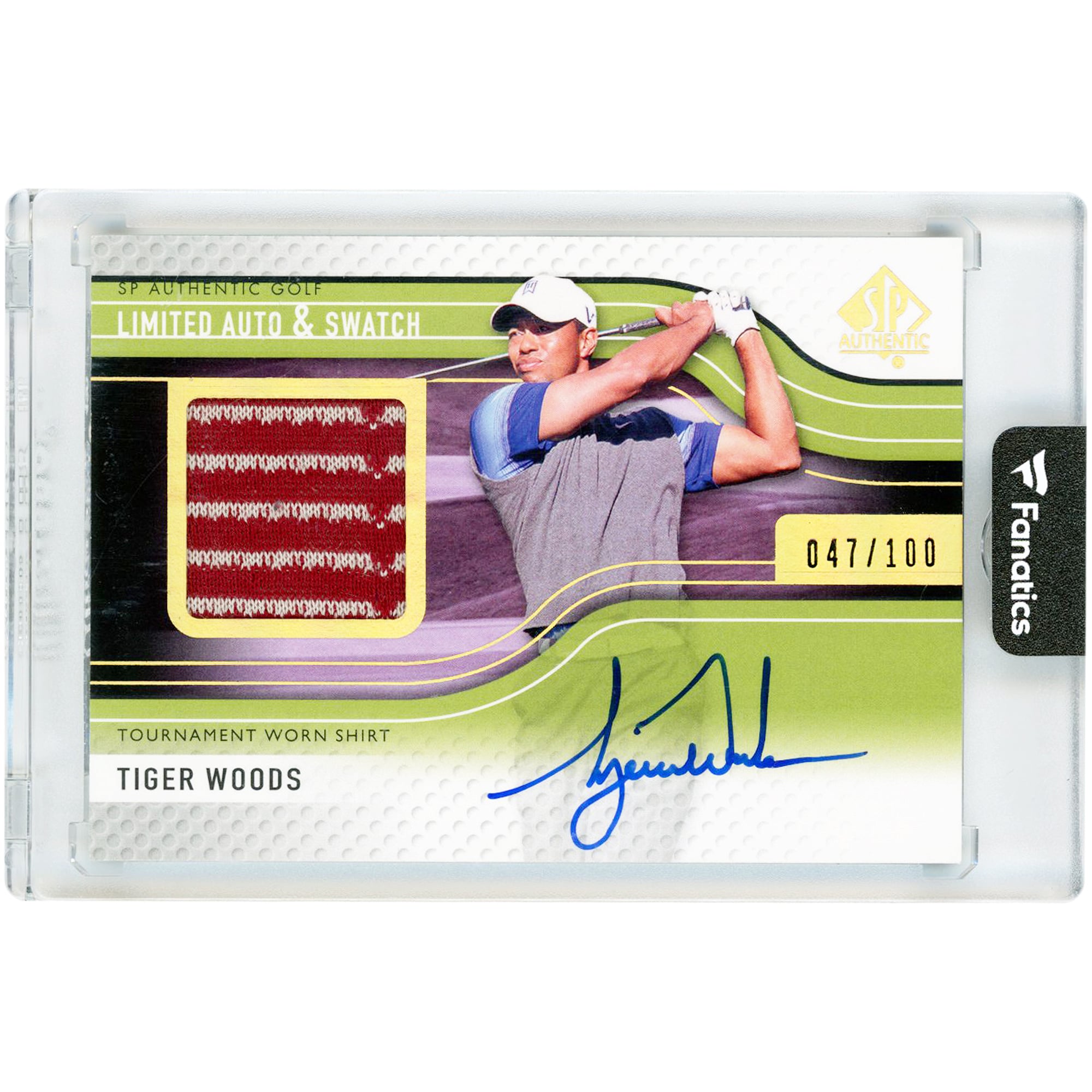 Carte Tiger Woods autographiée Upper Deck SP Authentic Dual-Color Tournament Worn Relic n° 1/100