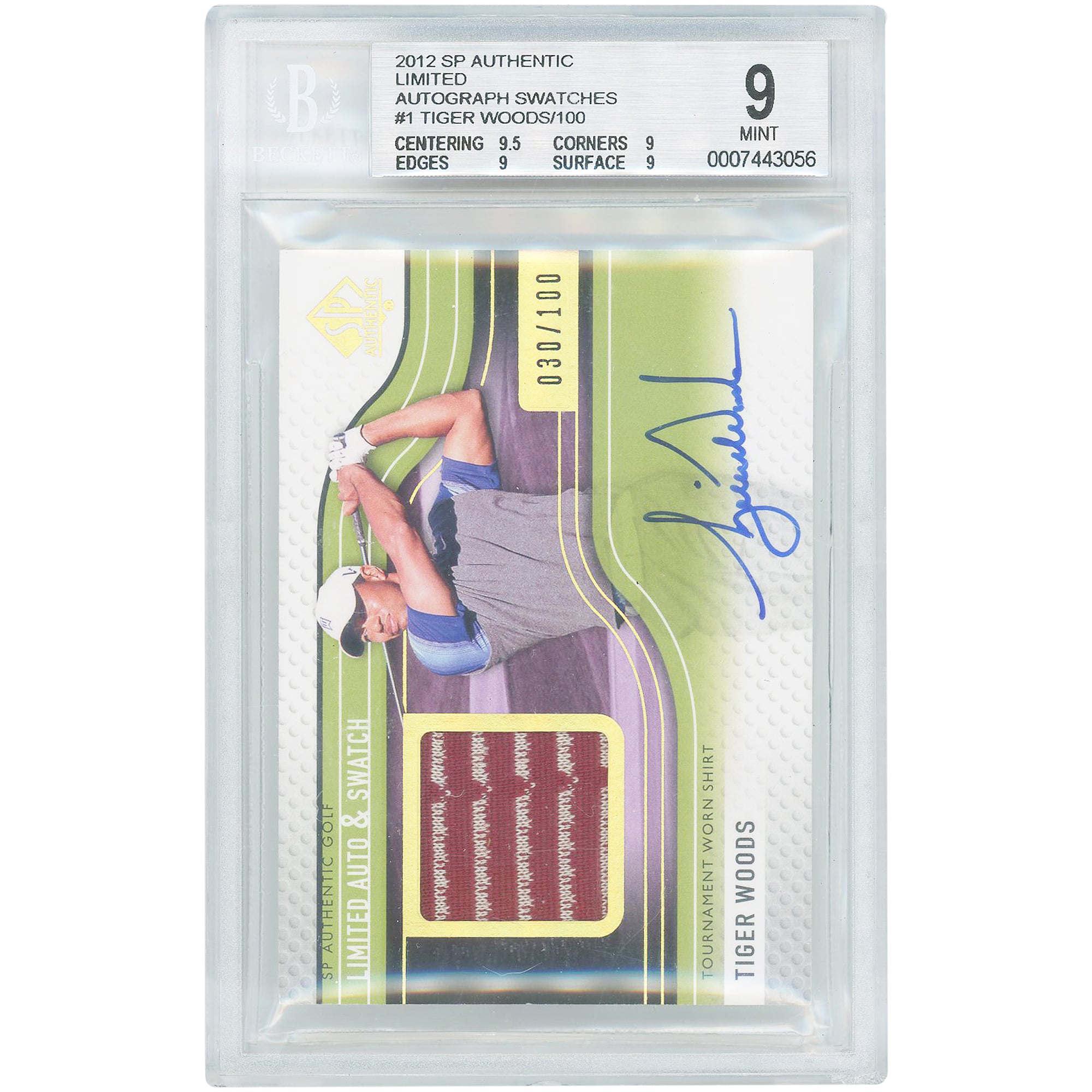 Tiger Woods Autographed 2012 Upper Deck SP Authentic Limited Swatches Relic #1 #30/100 BGS Authenticated 9 Card - 9.5,9,9,9 Subgrades