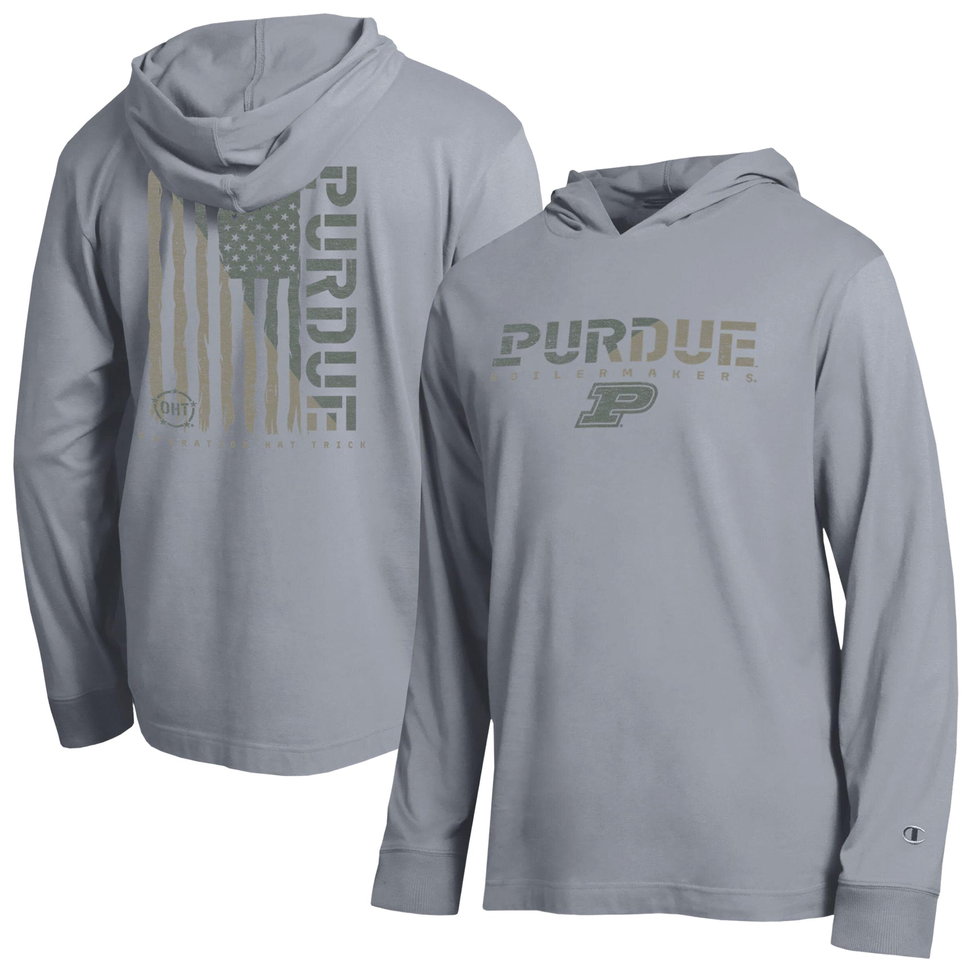 Men's Champion  Gray Purdue Boilermakers Operation Hat Trick Flag Hooded Long Sleeve T-Shirt