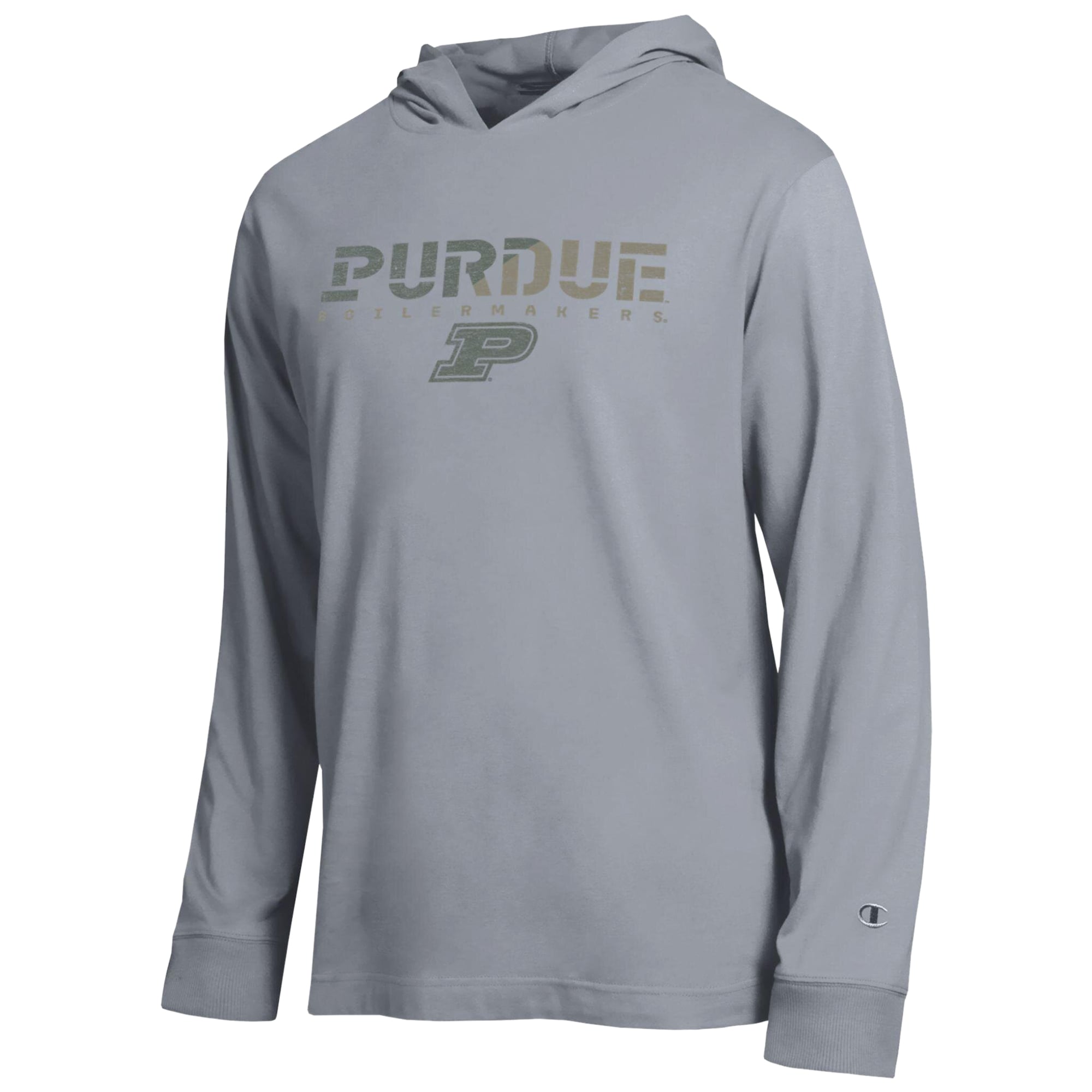 Men's Champion  Gray Purdue Boilermakers Operation Hat Trick Flag Hooded Long Sleeve T-Shirt