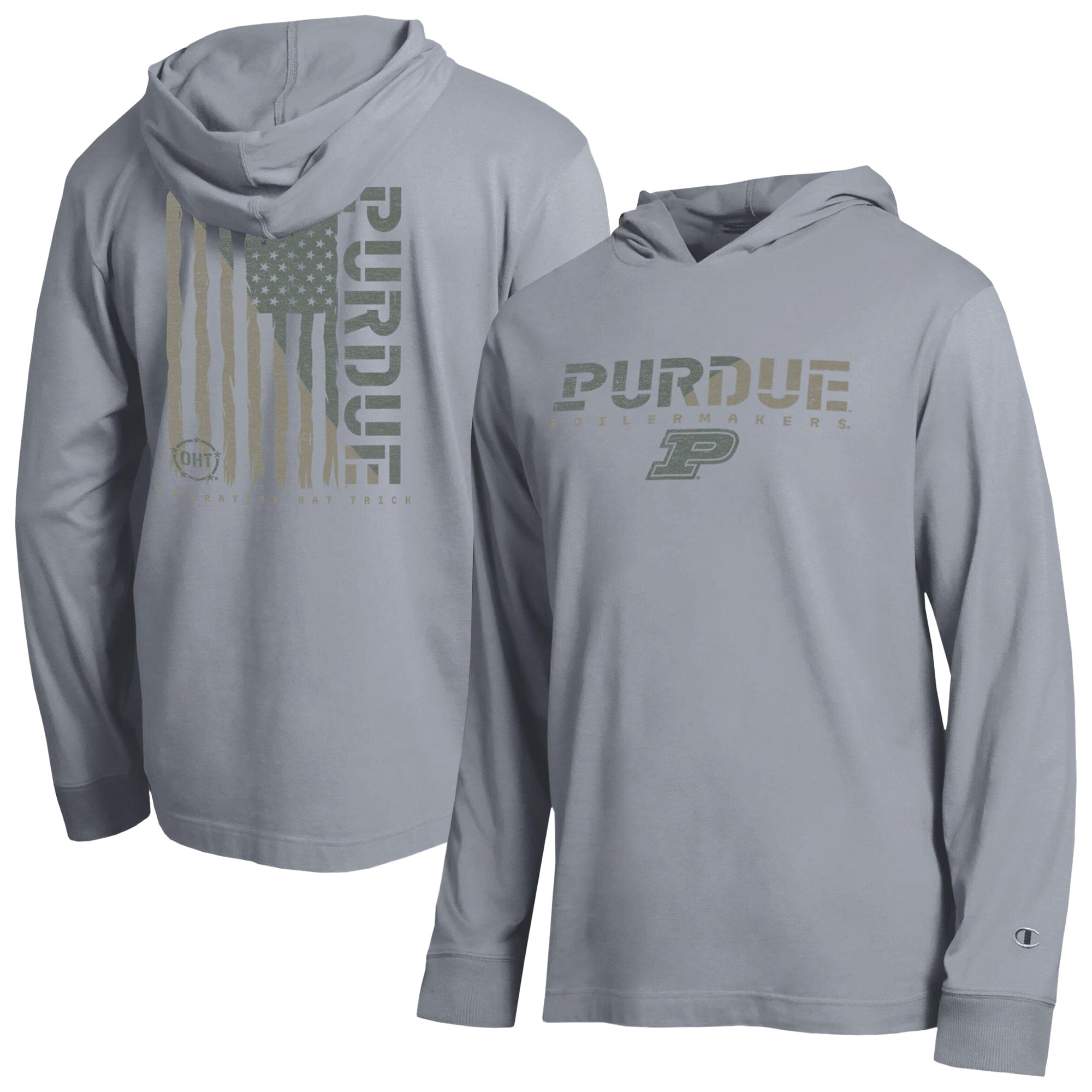 T-shirt à manches longues et capuche Champion Heather Gray Purdue Boilermakers Operation Hat Trick Flag pour homme