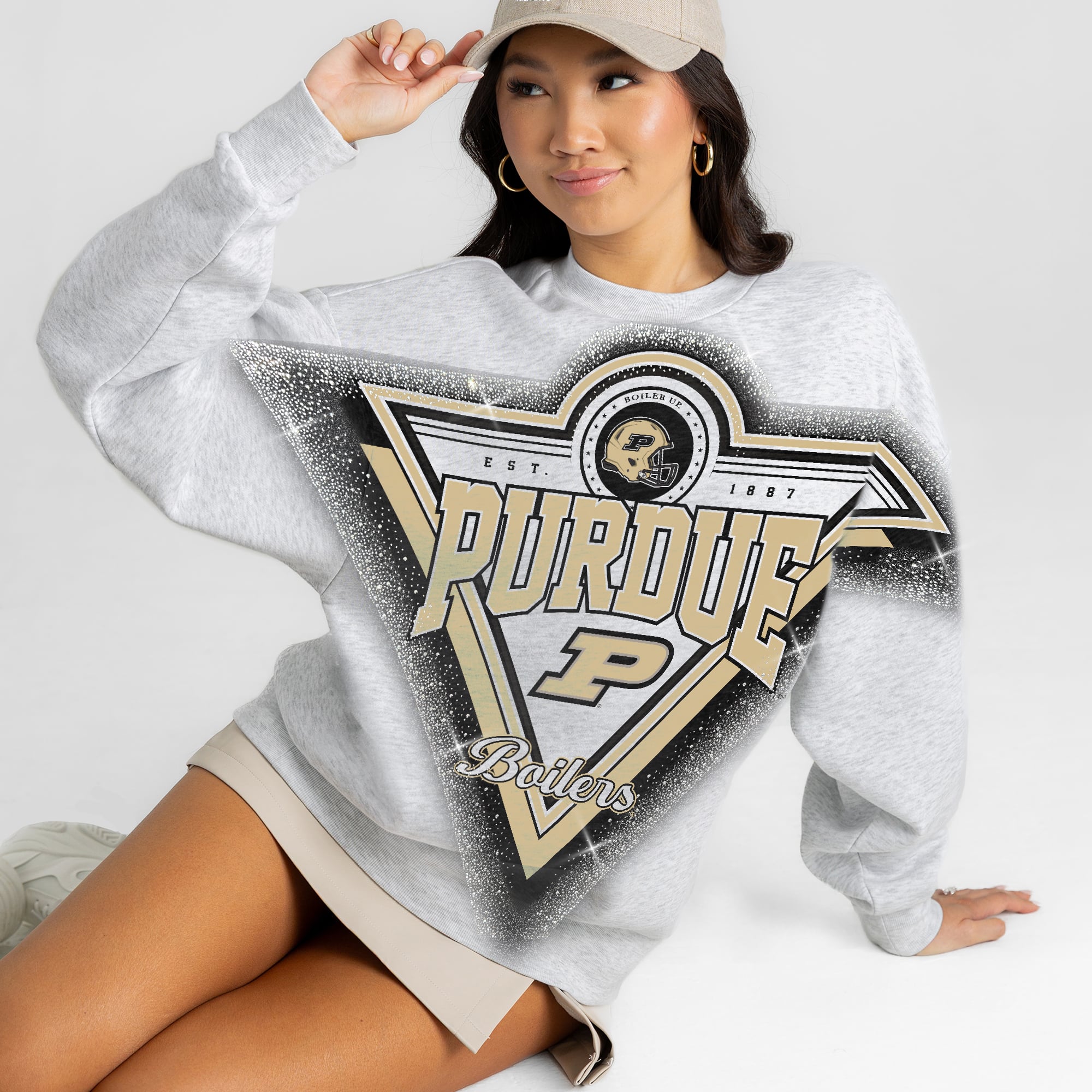 Women's Gameday Couture Gray Purdue Boilermakers Chasing Victory Rhinestone Spray Oversized Fleece Sweatshirt