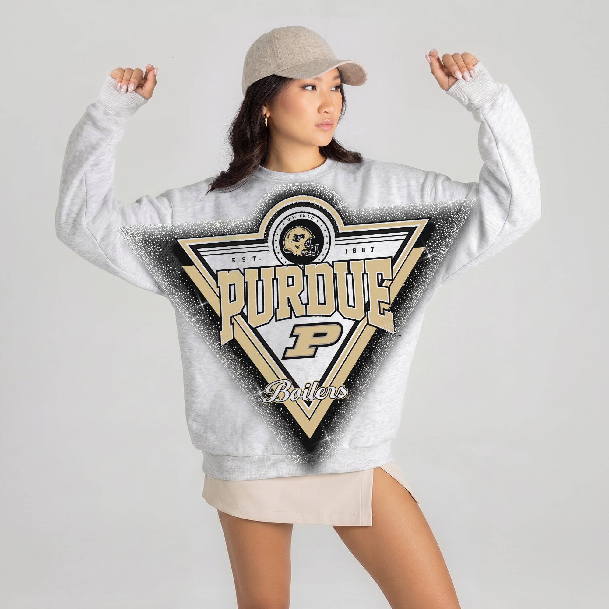 Women's Gameday Couture Gray Purdue Boilermakers Chasing Victory Rhinestone Spray Oversized Fleece Sweatshirt
