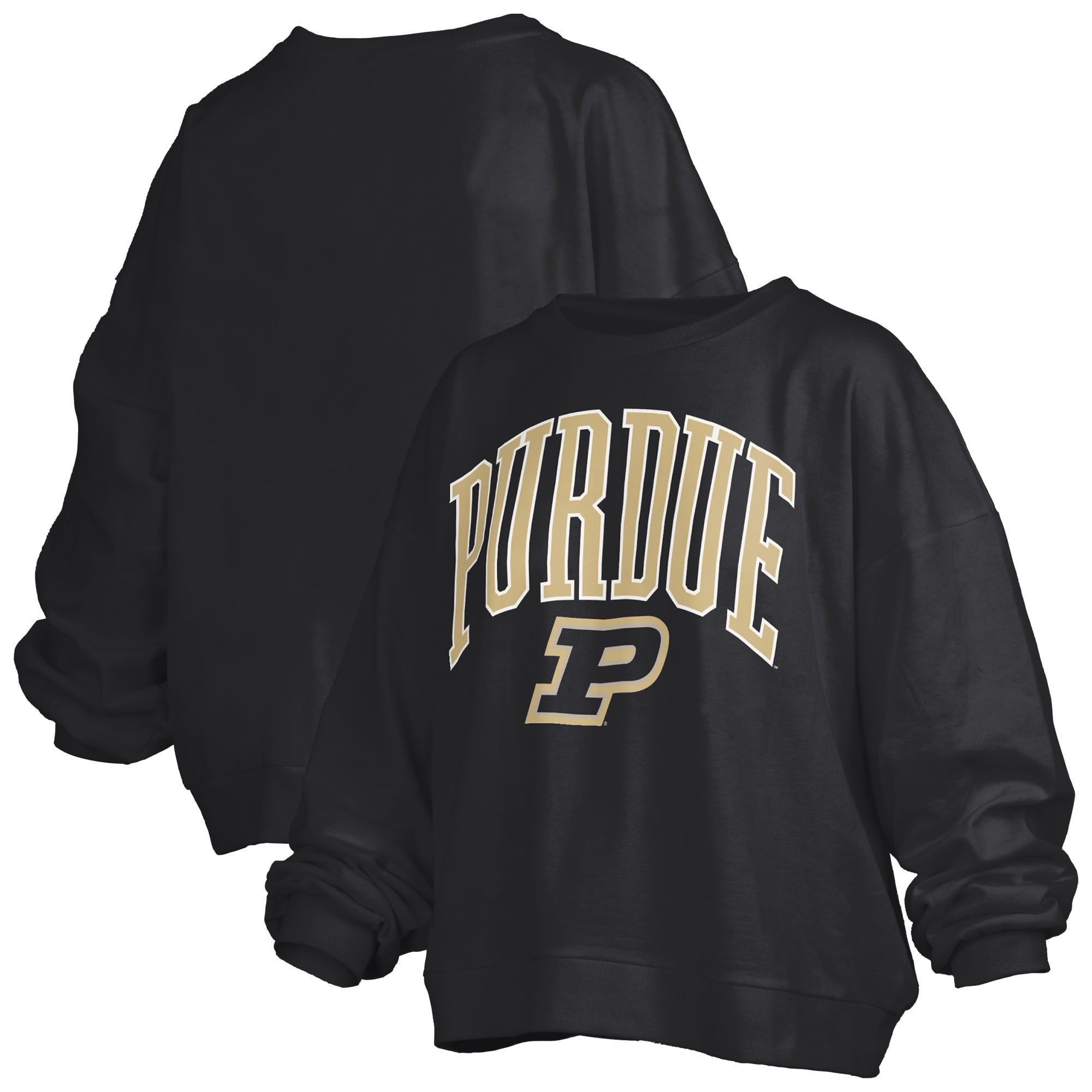 Sweat-shirt polaire oversize noir Pressbox Purdue Boilers pour femmes, modèle Janise Arch Over Logo.