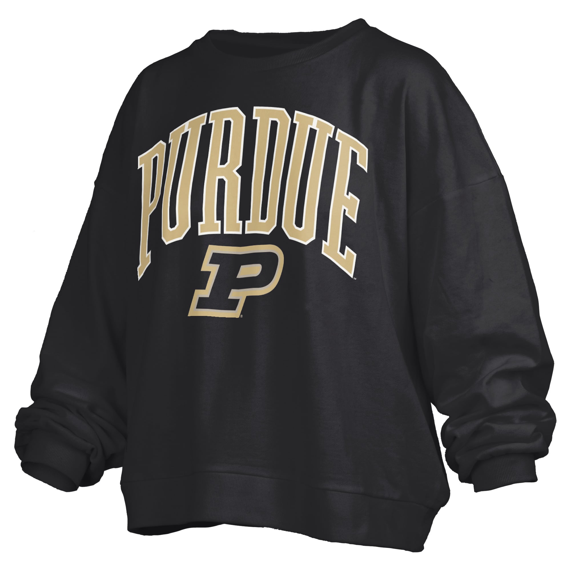 Sweat-shirt polaire oversize noir Pressbox Purdue Boilers pour femmes, modèle Janise Arch Over Logo.