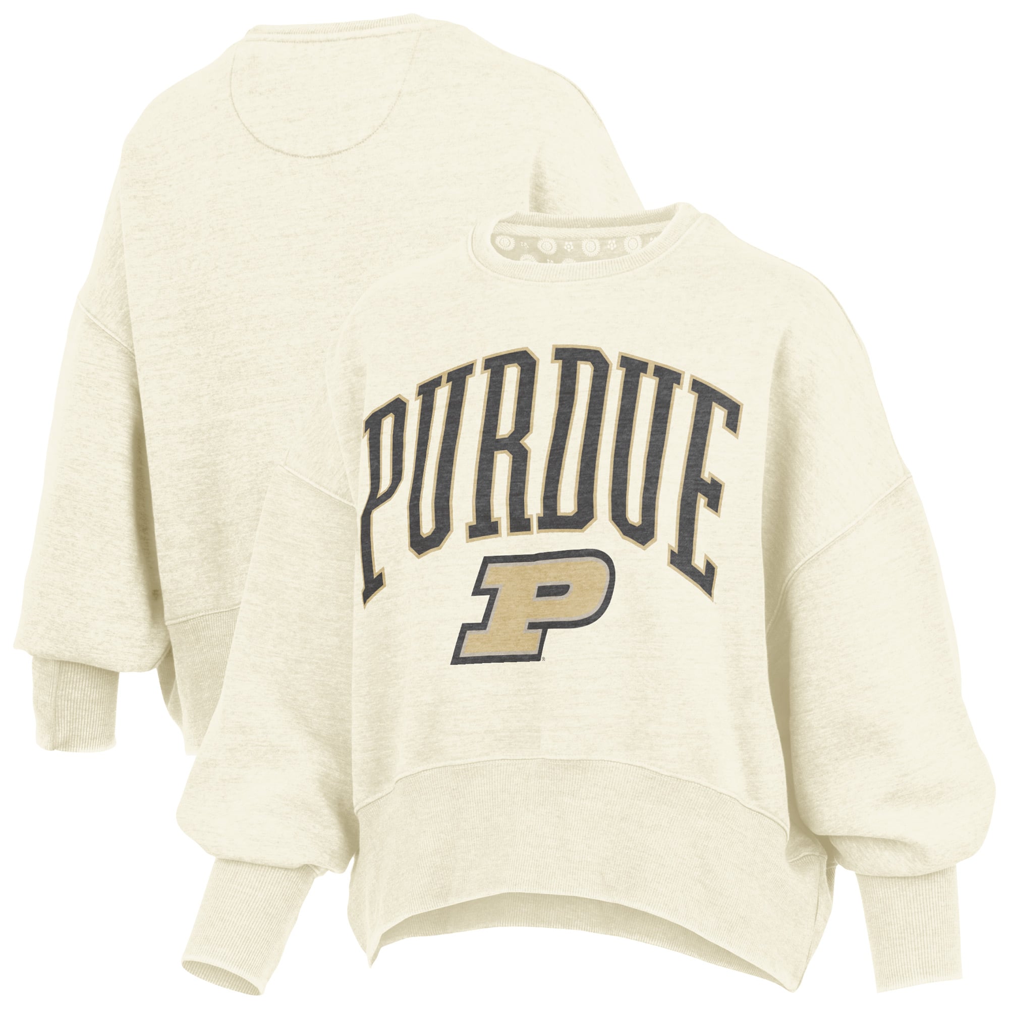 Women's Pressbox Natural Purdue Boilermakers Oversized Waist-Length Crewneck Sweatshirt