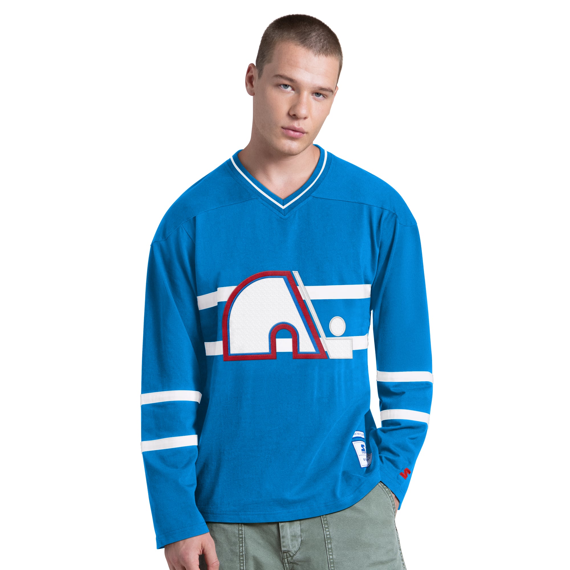 T-shirt à manches longues et col en V Starter Blue pour homme, motif hockey vintage des Nordiques de Québec