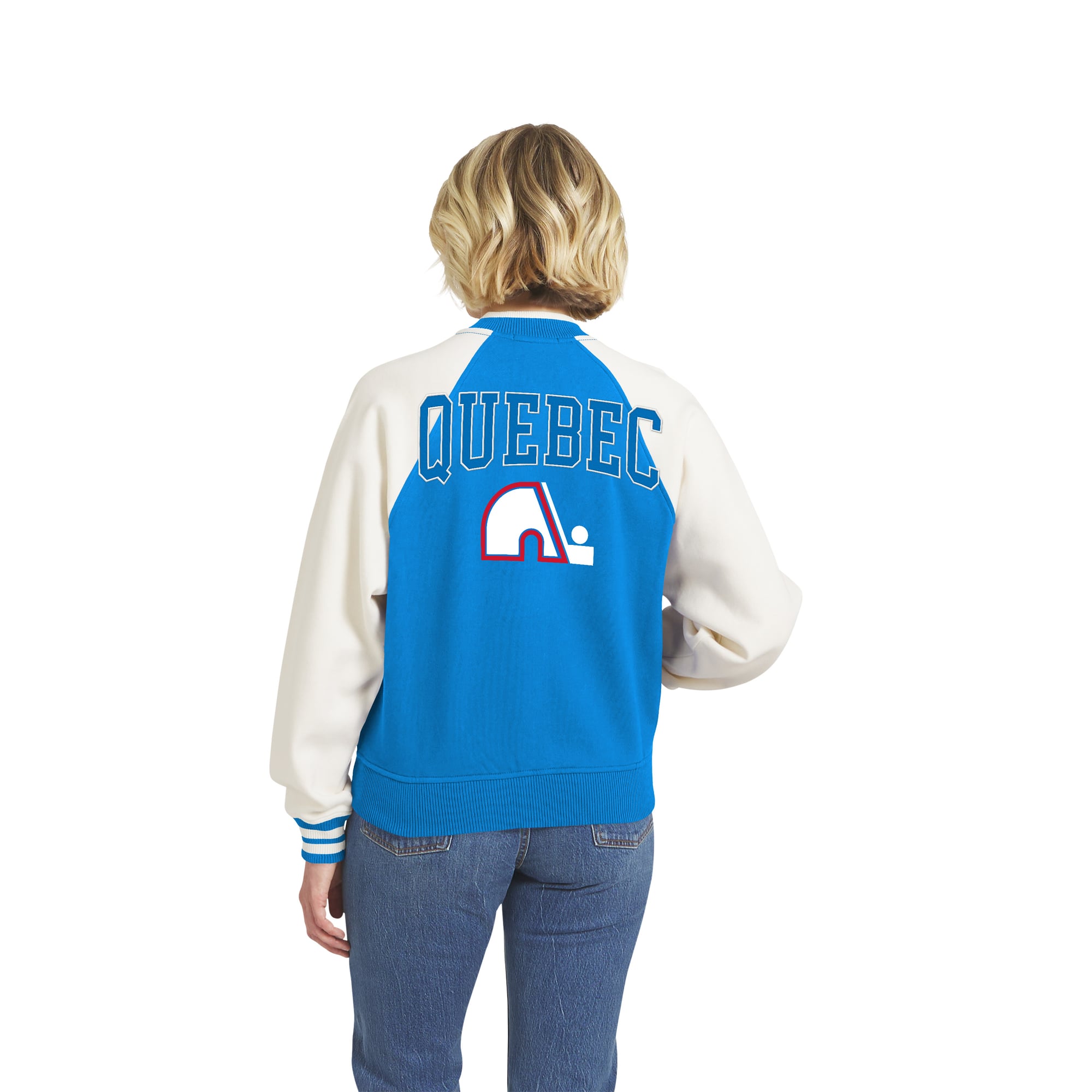 Veste polaire universitaire zippée bleue et blanche des Nordiques du Québec de WEAR by Erin Andrews pour femmes