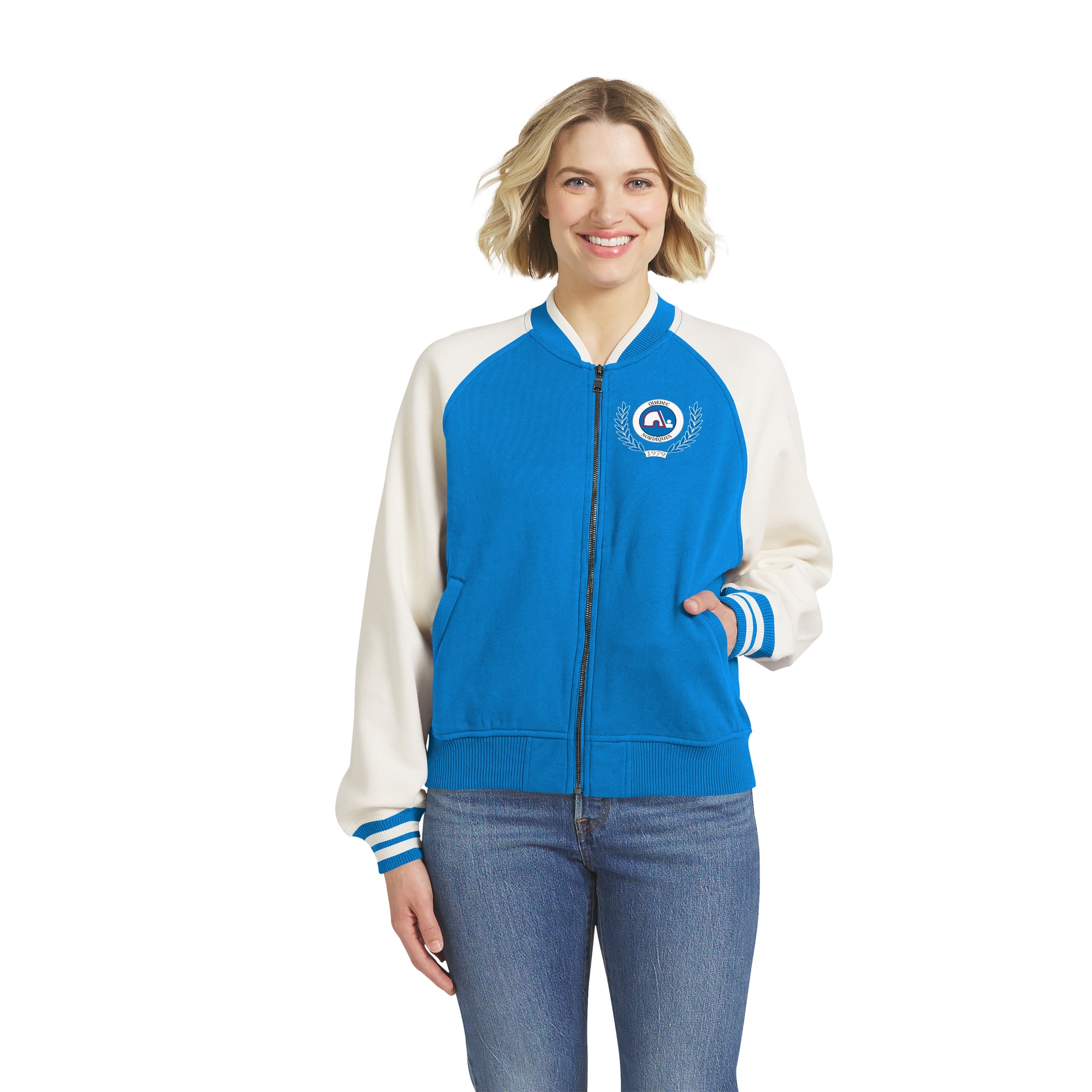 Women's WEAR by Erin Andrews Blue/White Quebec Nordiques Fleece Varsity Full-Zip Jacket