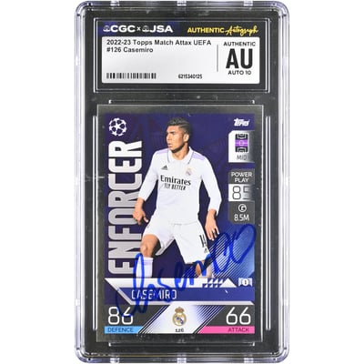 Carte autographiée de Carlos Casemiro (Real Madrid) 2022-23 Topps Match Attax UEFA n° 126, authentifiée CGC AUTO 10