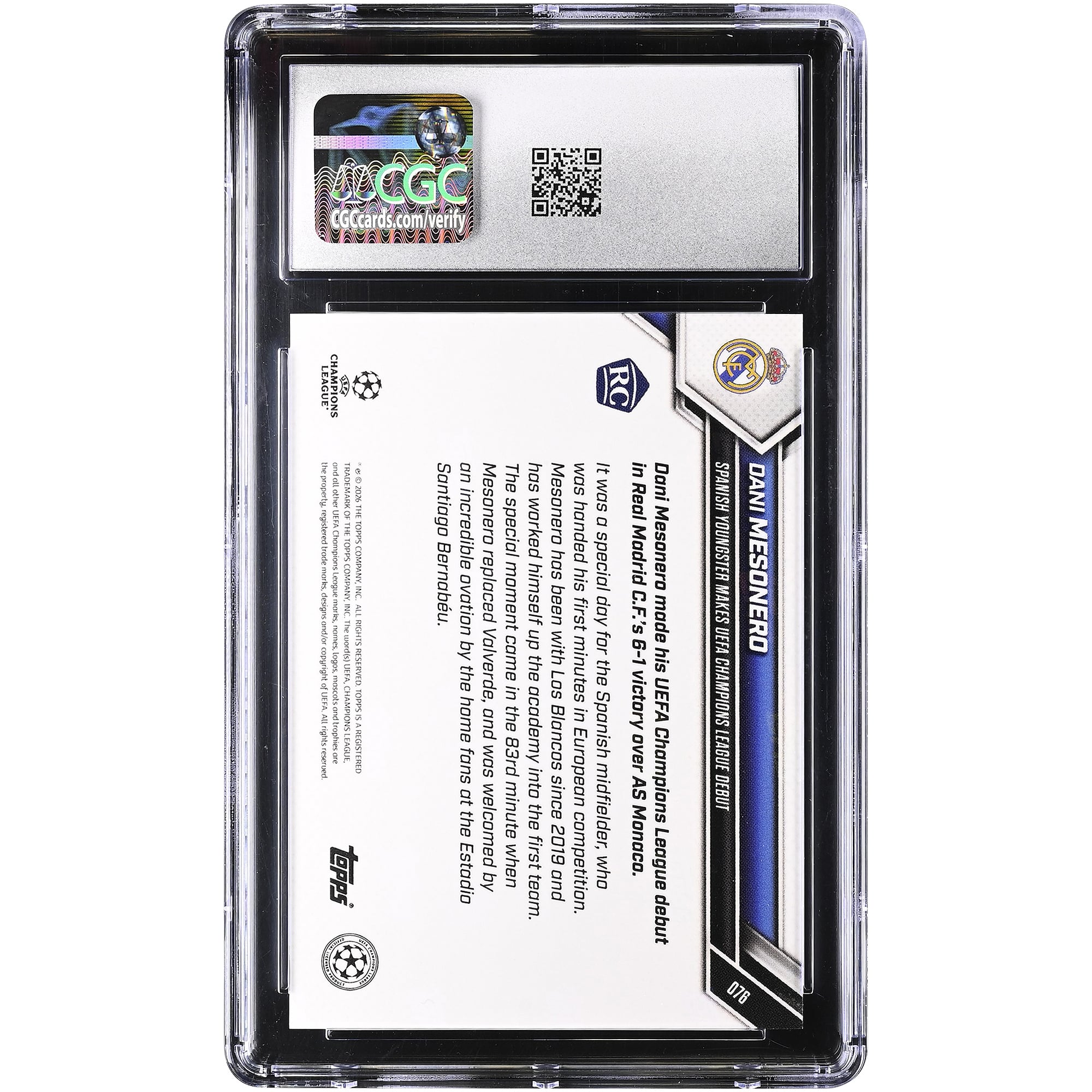 Daniel Mesonero, Real Madrid 2025-26 Topps Now UEFA CL, jeune espoir espagnol fait ses débuts en Ligue des champions de l'UEFA #76