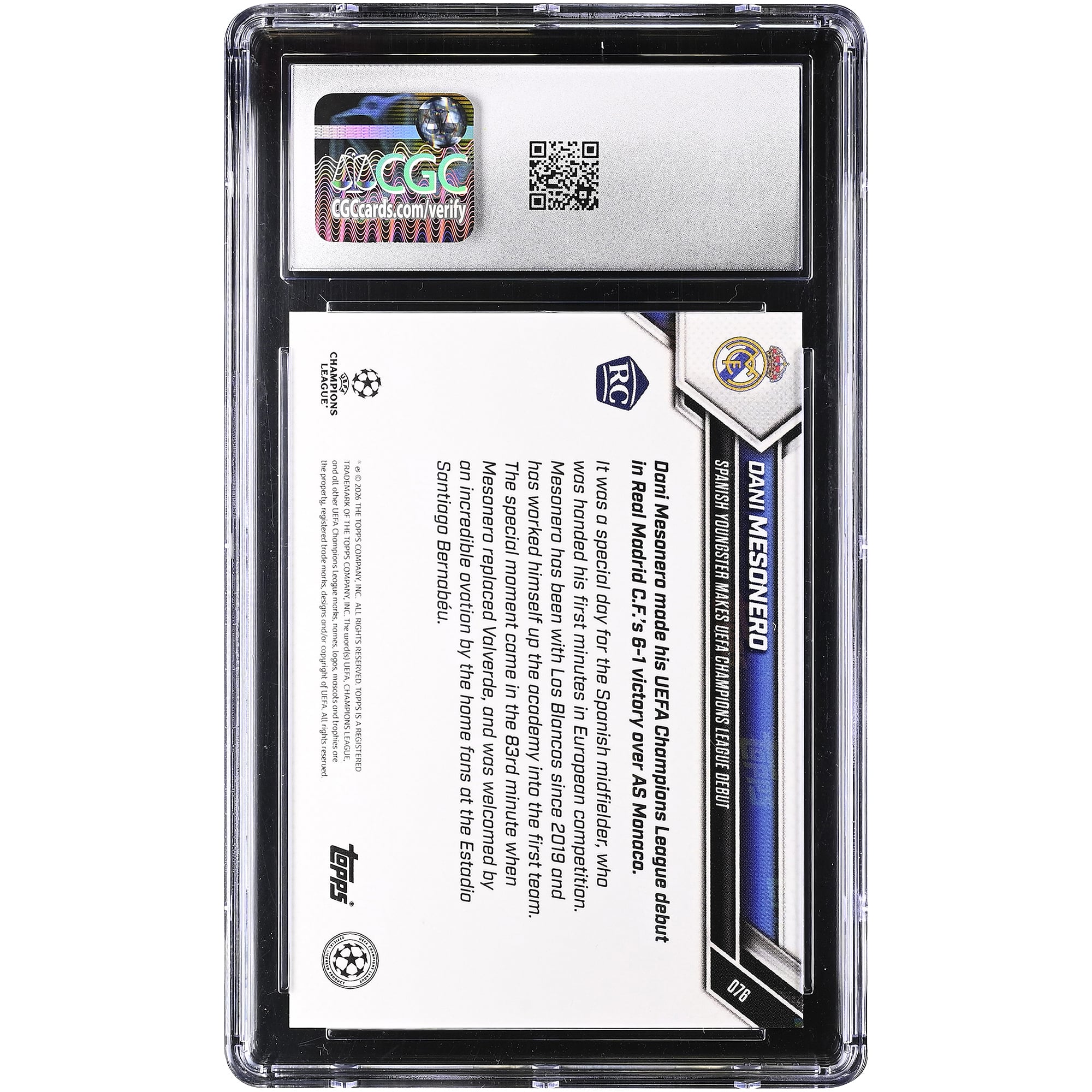 Daniel Mesonero Real Madrid 2025-26 Topps Now UEFA CL Spanish Youngster Makes UEFA Champions League Debut #76 CGC Authenticated 9.5 Rookie Card