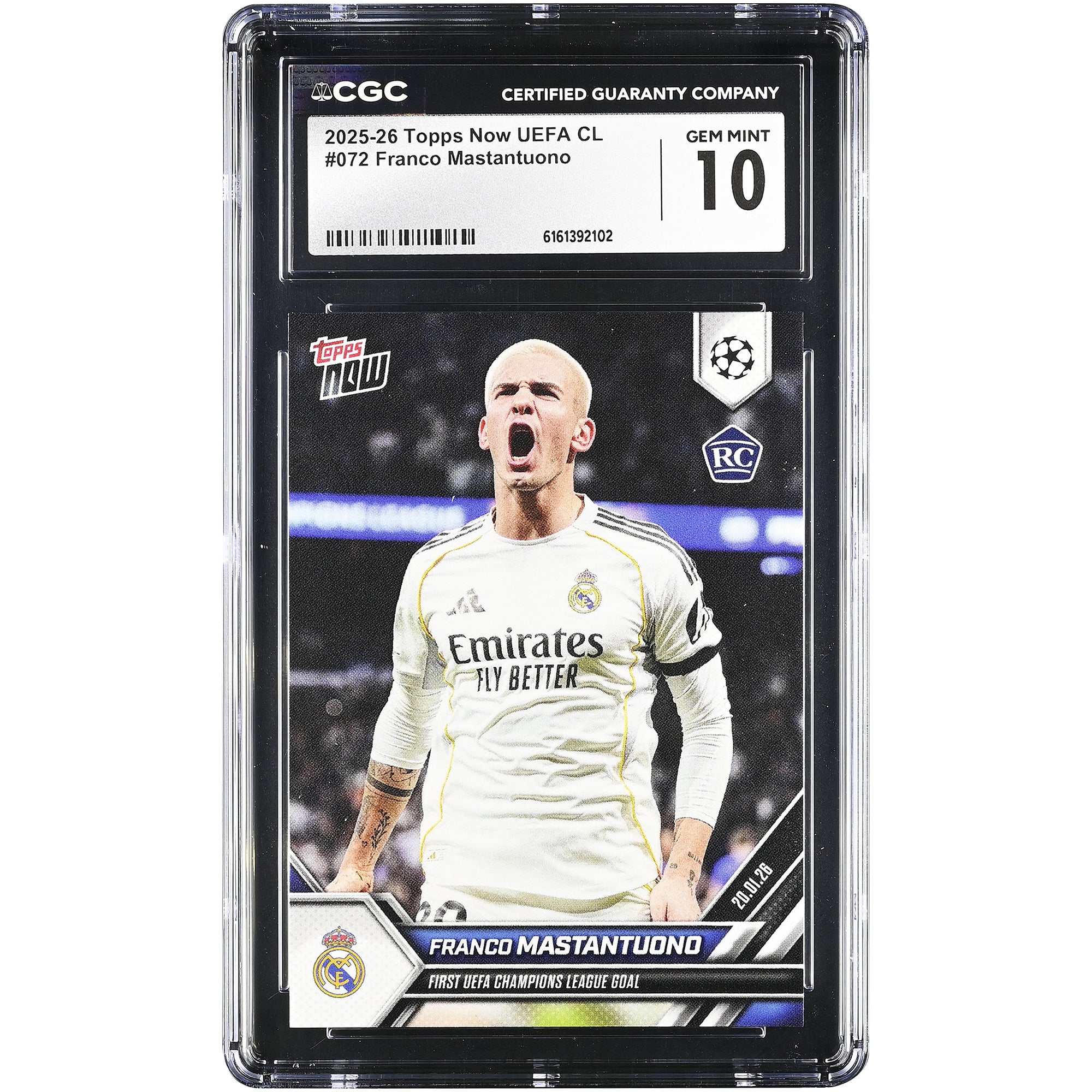 Franco Mastantuono Real Madrid 2025-26 Topps Now UEFA CL First UEFA Champions League Goal #72 CGC Authenticated Rookie Card