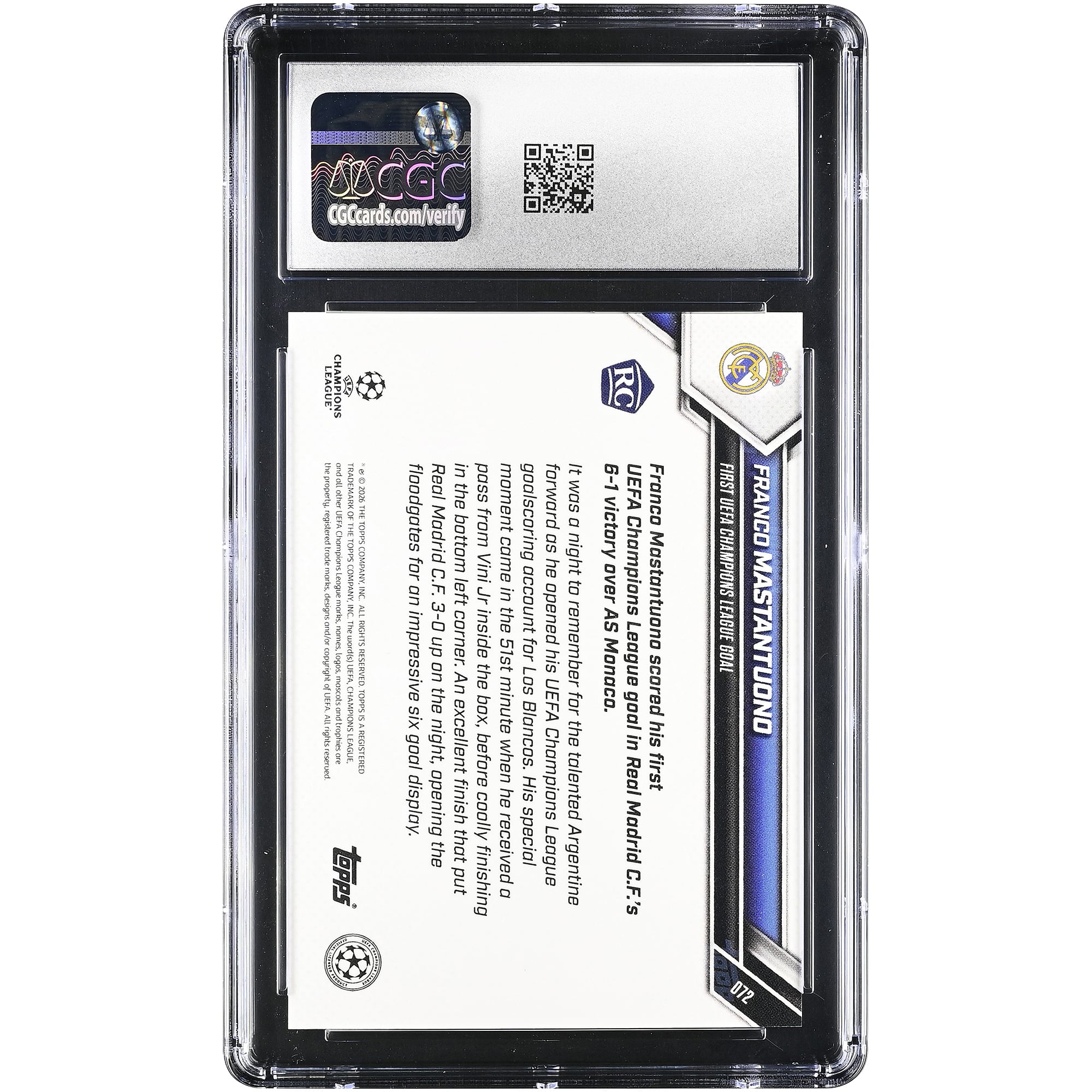 Franco Mastantuono Real Madrid 2025-26 Topps Now UEFA CL First UEFA Champions League Goal #72 CGC Authenticated Rookie Card