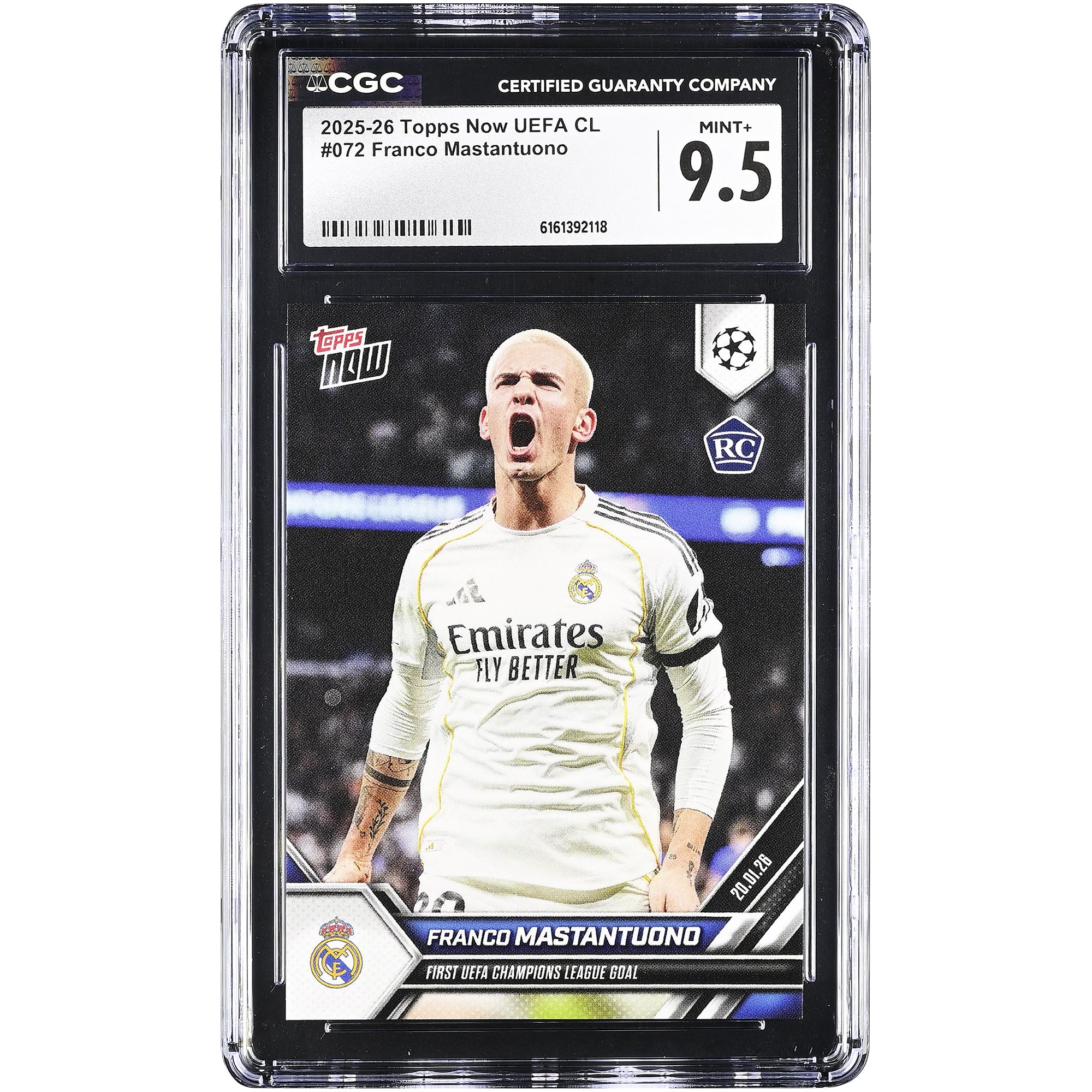 Carte de recrue de Franco Mastantuono, Real Madrid, 2025-26 Topps Now UEFA CL, premier but en Ligue des champions de l'UEFA, n° 72, authentifiée CGC 9.5