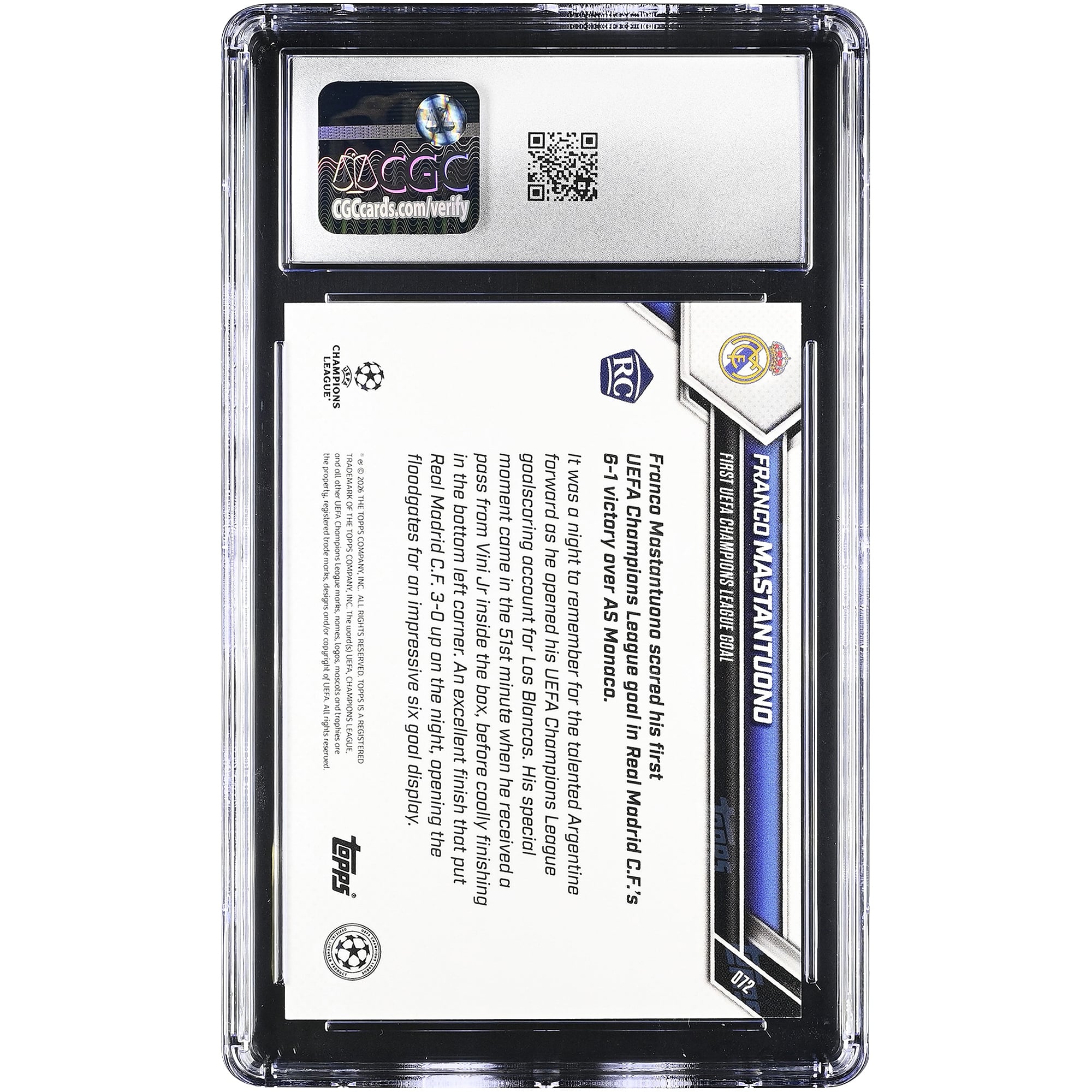 Carte de recrue de Franco Mastantuono, Real Madrid, 2025-26 Topps Now UEFA CL, premier but en Ligue des champions de l'UEFA, n° 72, authentifiée CGC 9.5