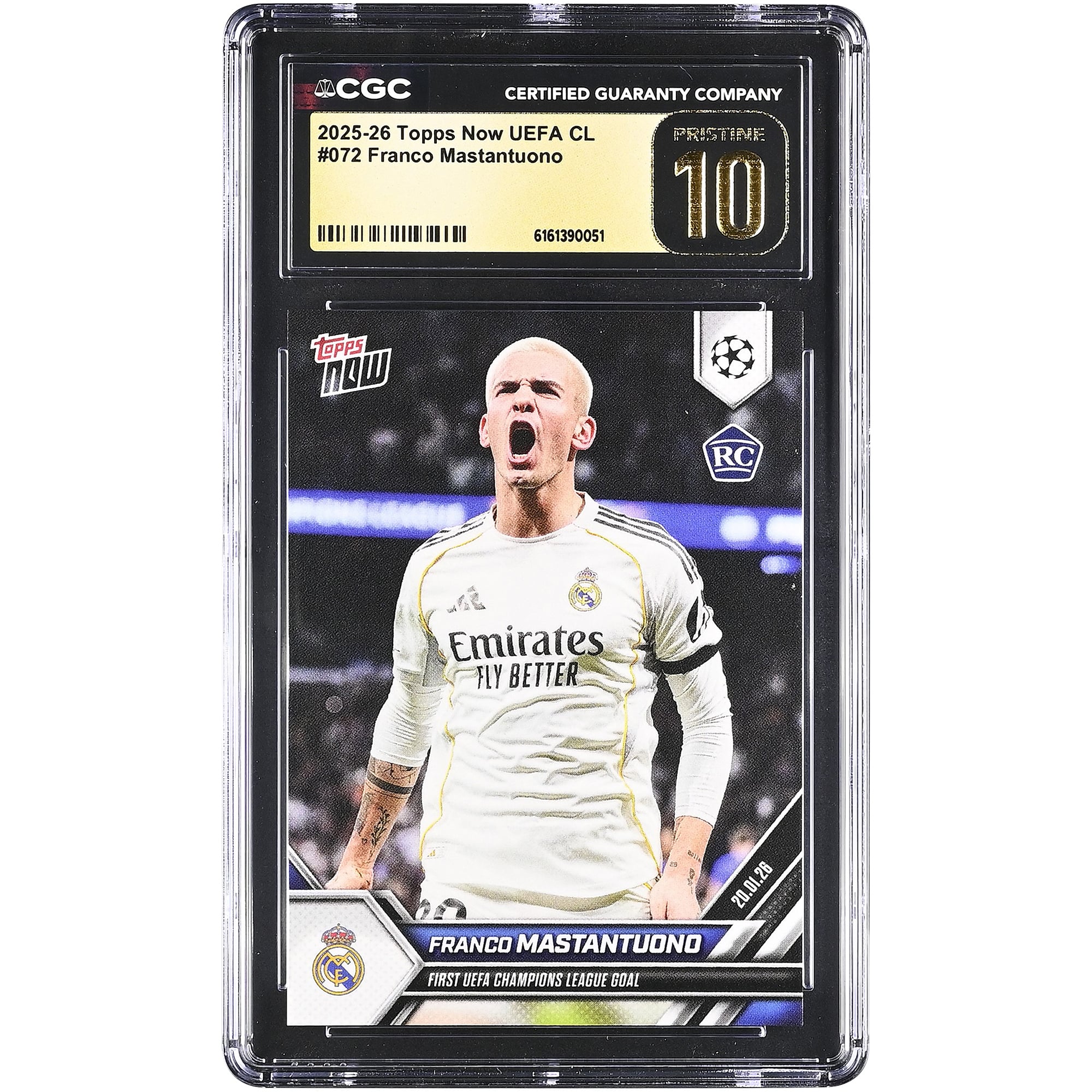 Franco Mastantuono Real Madrid 2025-26 Topps Now UEFA CL First UEFA Champions League Goal #72 CGC Authenticated PRISTINE 10 Rookie Card