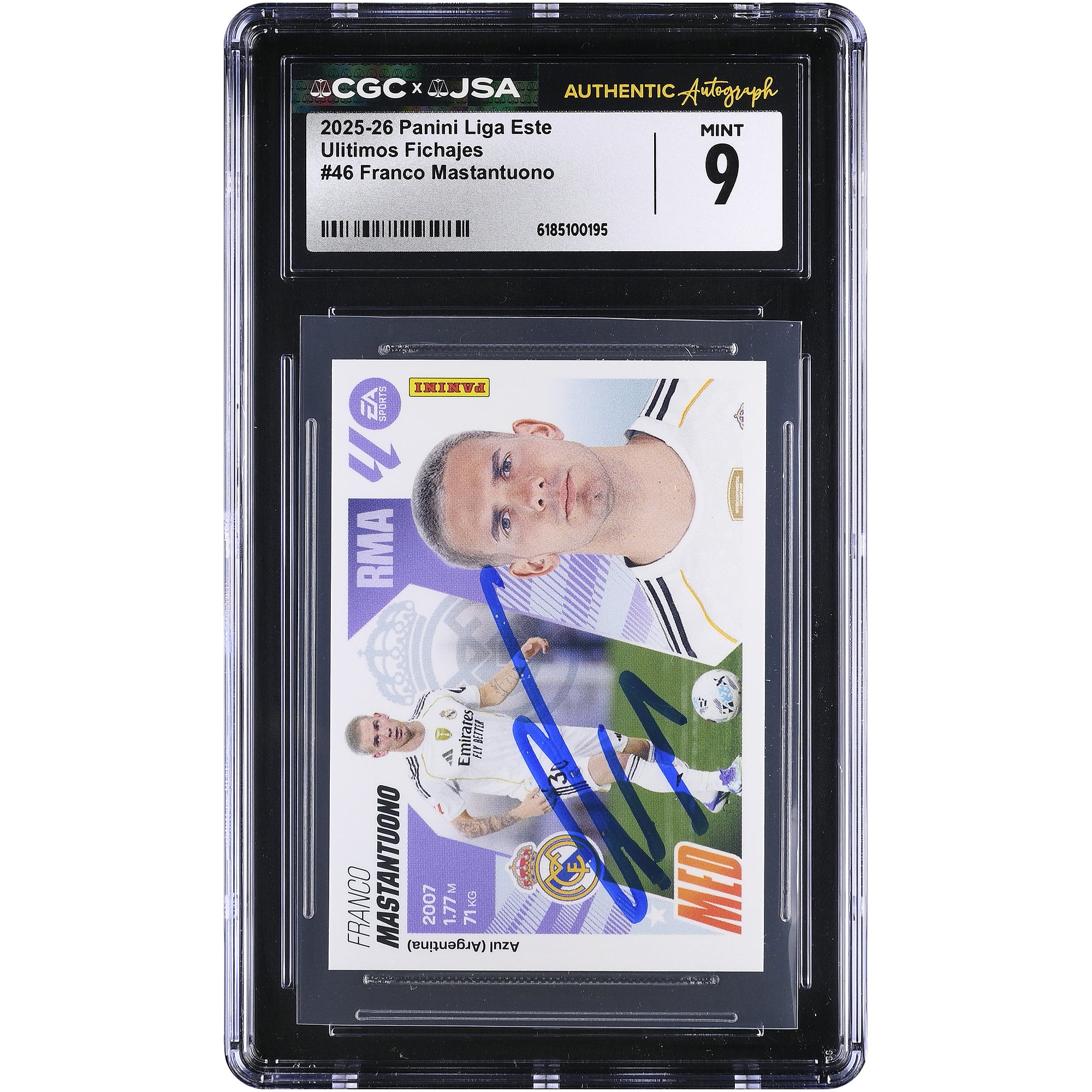 Franco Mastantuono Real Madrid Autographié 2025-26 Panini Liga Este Últimos Fichajes #46 CGC Authentifié MINT 9 Rookie Card