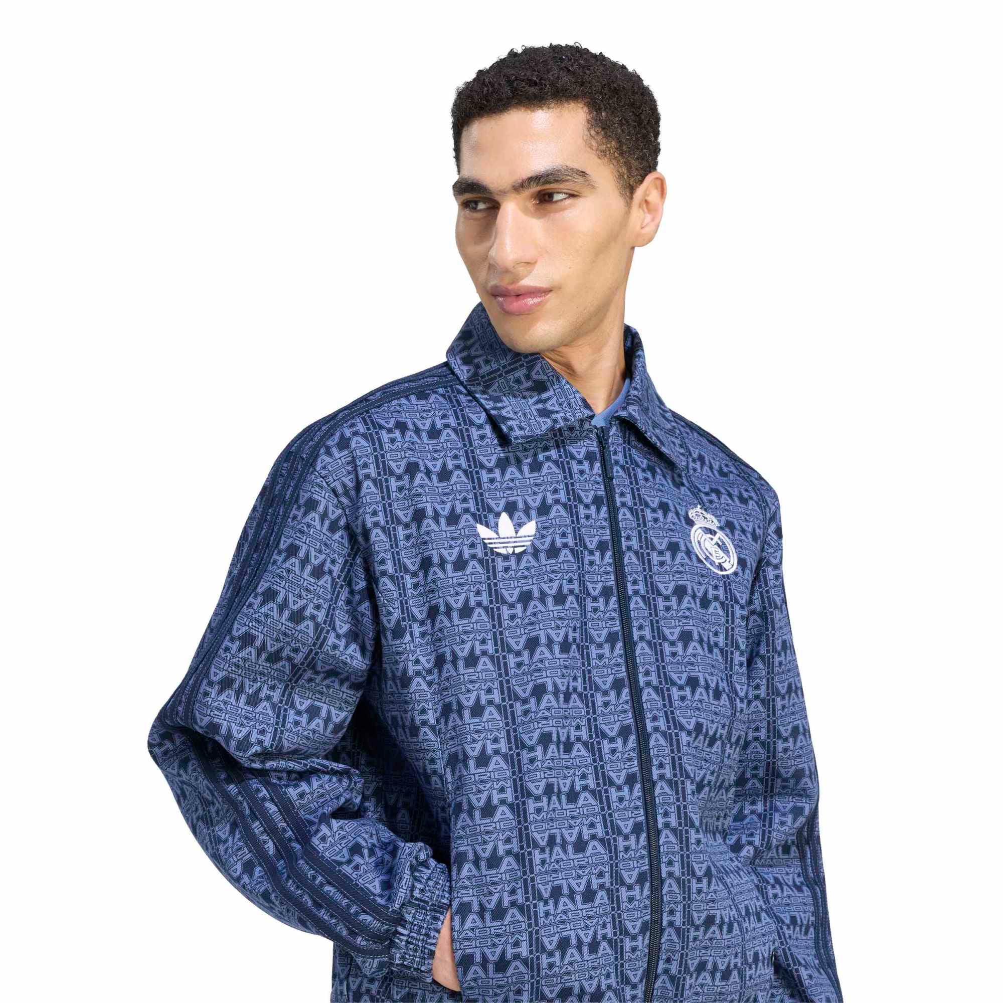 Veste de survêtement adidas Real Madrid bleu marine pour homme, fermeture éclair intégrale.