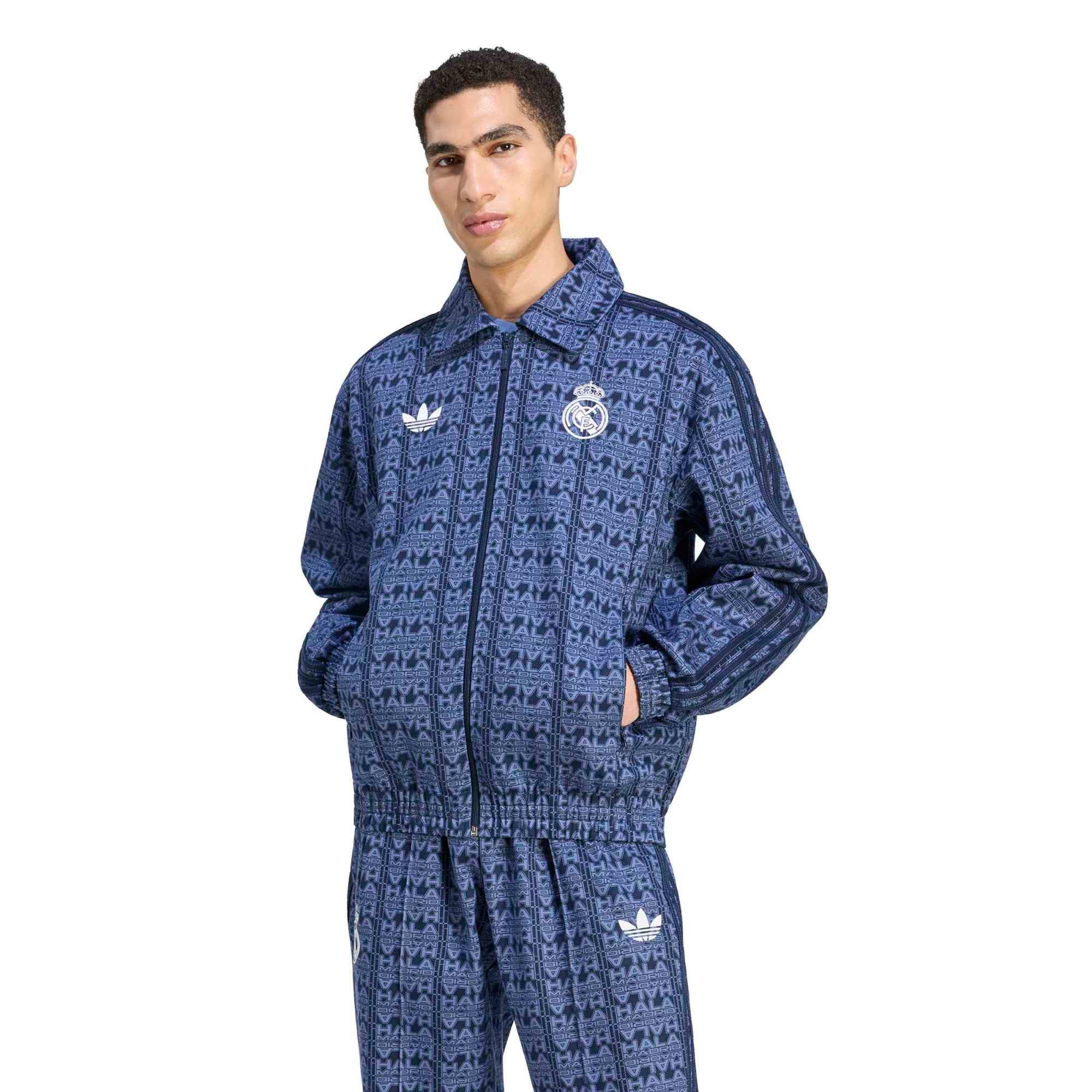 Veste de survêtement adidas Real Madrid bleu marine pour homme, fermeture éclair intégrale.