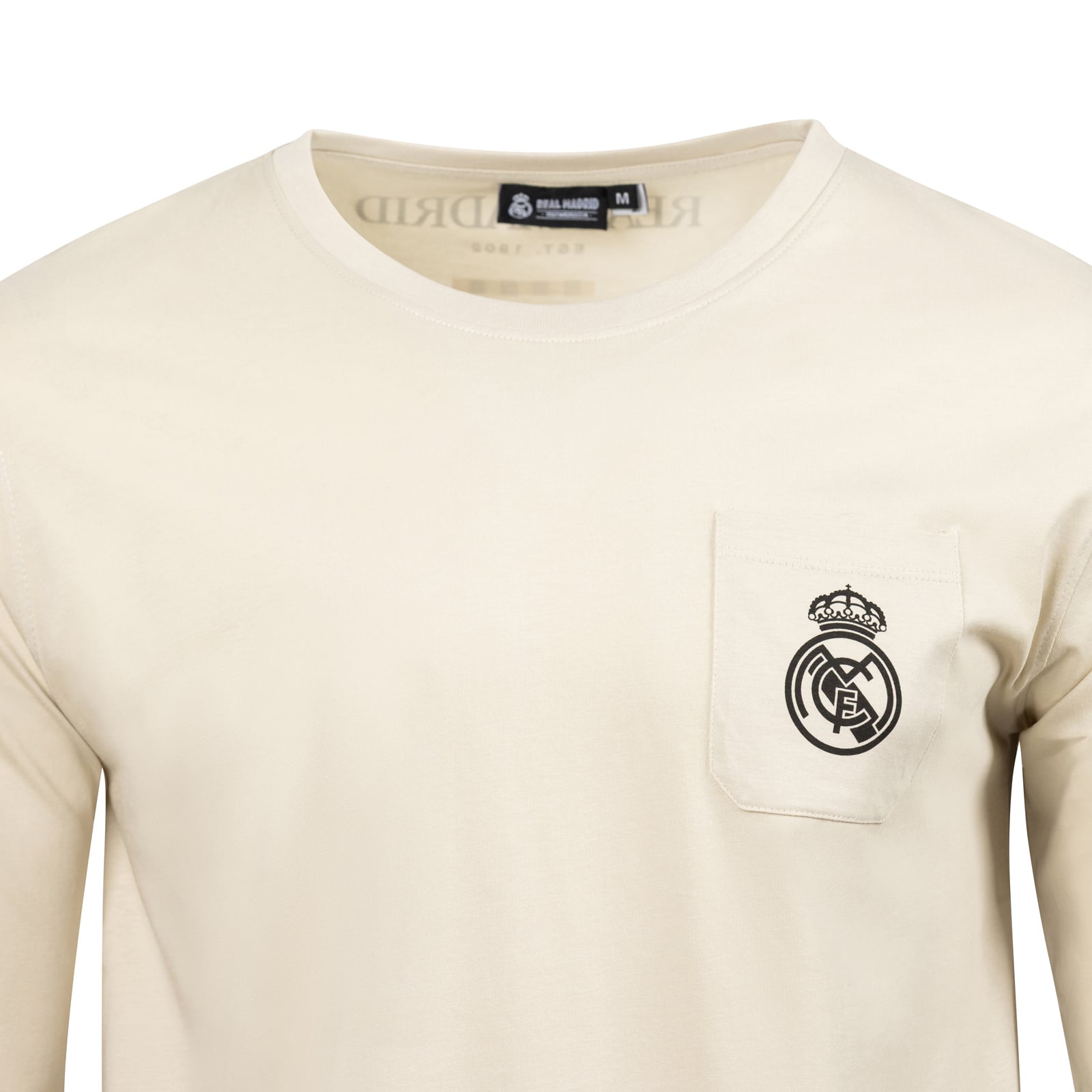 T-shirt à manches longues décontracté Real Madrid pour homme, design sport suédois, couleur beige.