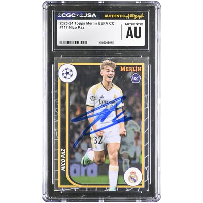 Carte de recrue authentifiée CGC 2023-24 Topps Merlin UEFA CC n° 117, signée par Nico Paz (Real Madrid)