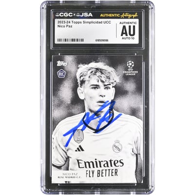 Carte de recrue autographiée de Nico Paz (Real Madrid) 2023-24 Topps Simplicidad UCC #NNO, authentifiée CGC AUTO 10